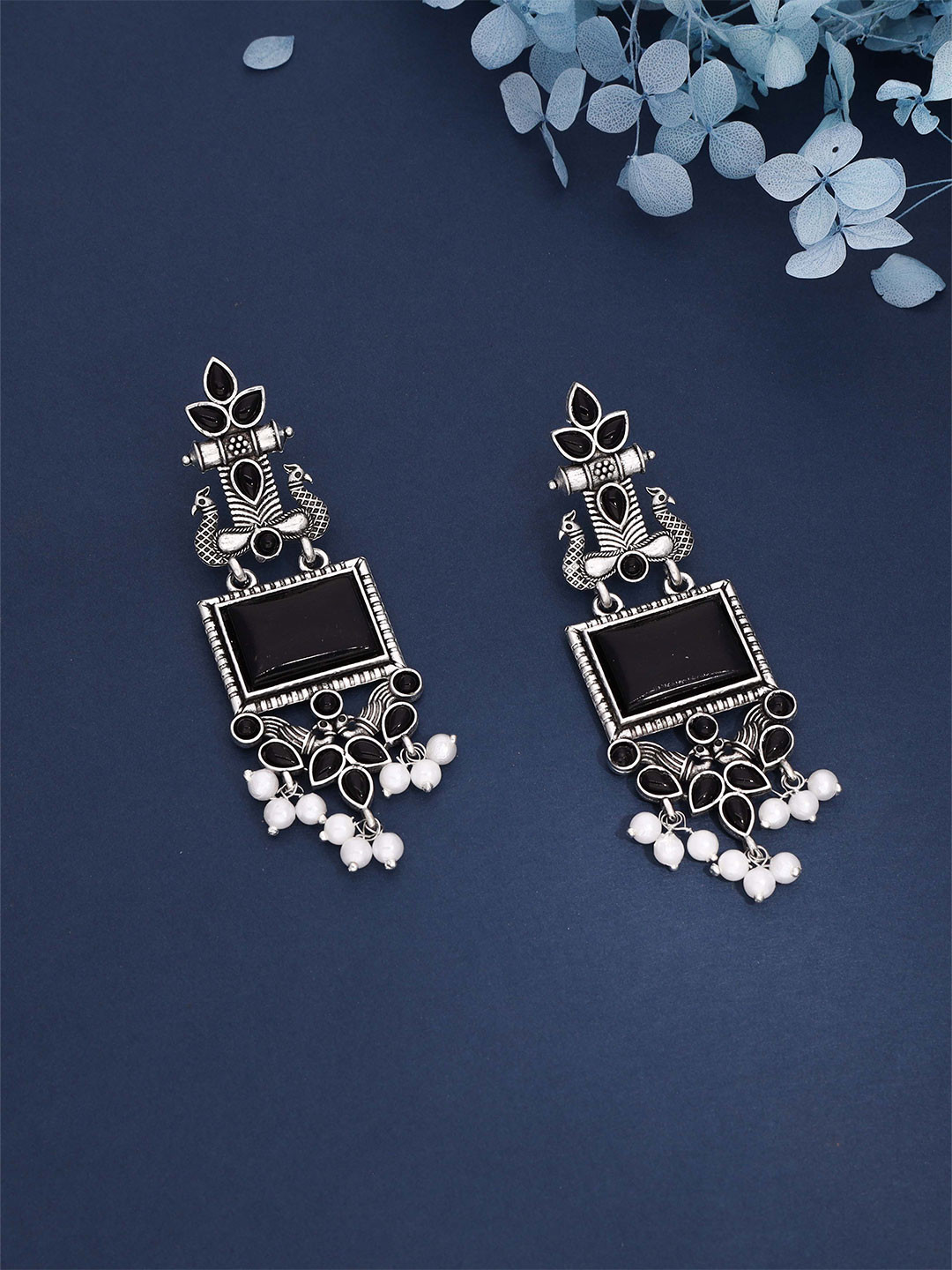 Brado Jewellery Stones Studded and Pearls Beaded Square Oxidised Drop Earrings