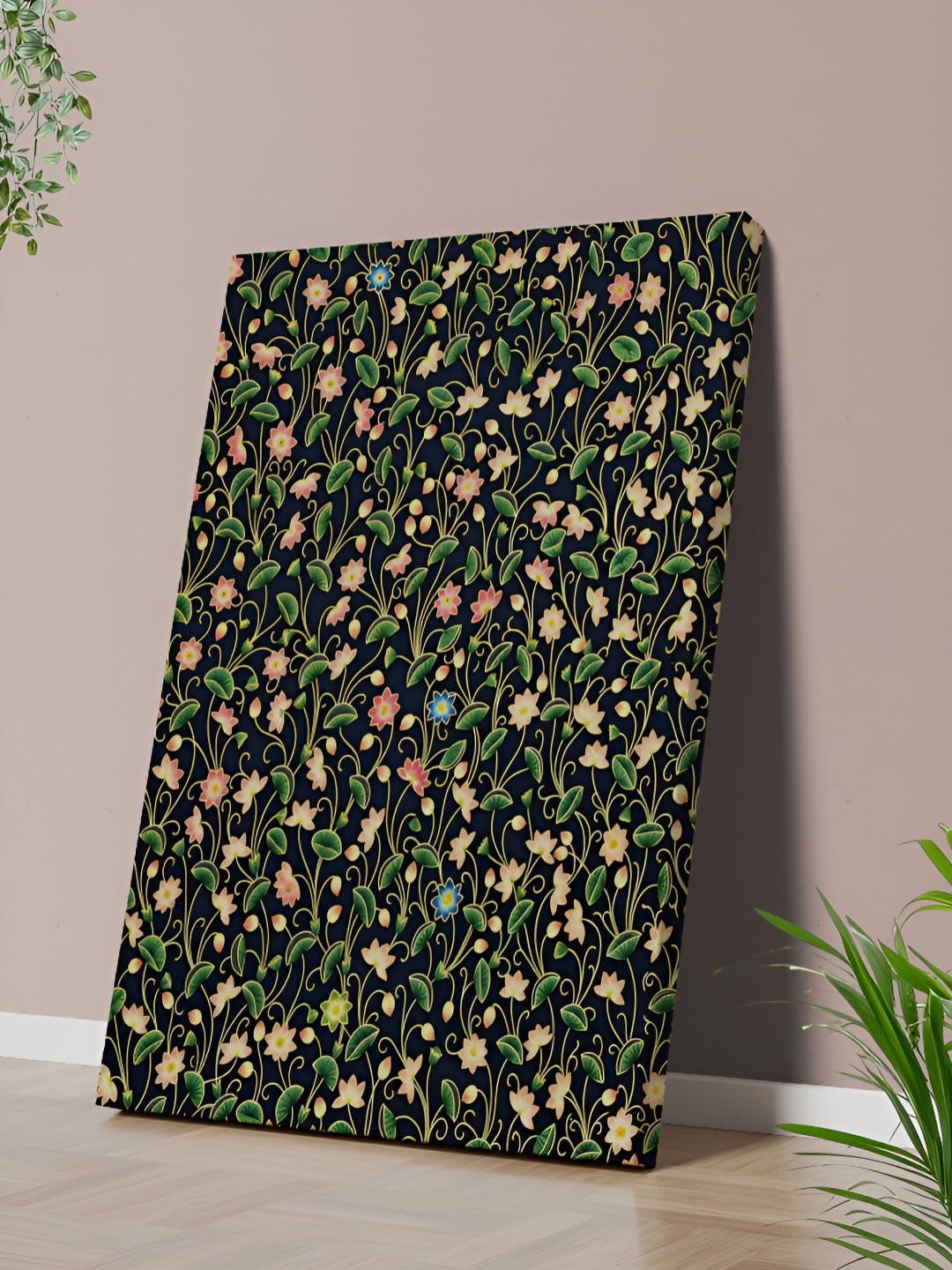 SAF Black & Green Vintage Pattern With Leaves & Flowers Canvas Wall Painting