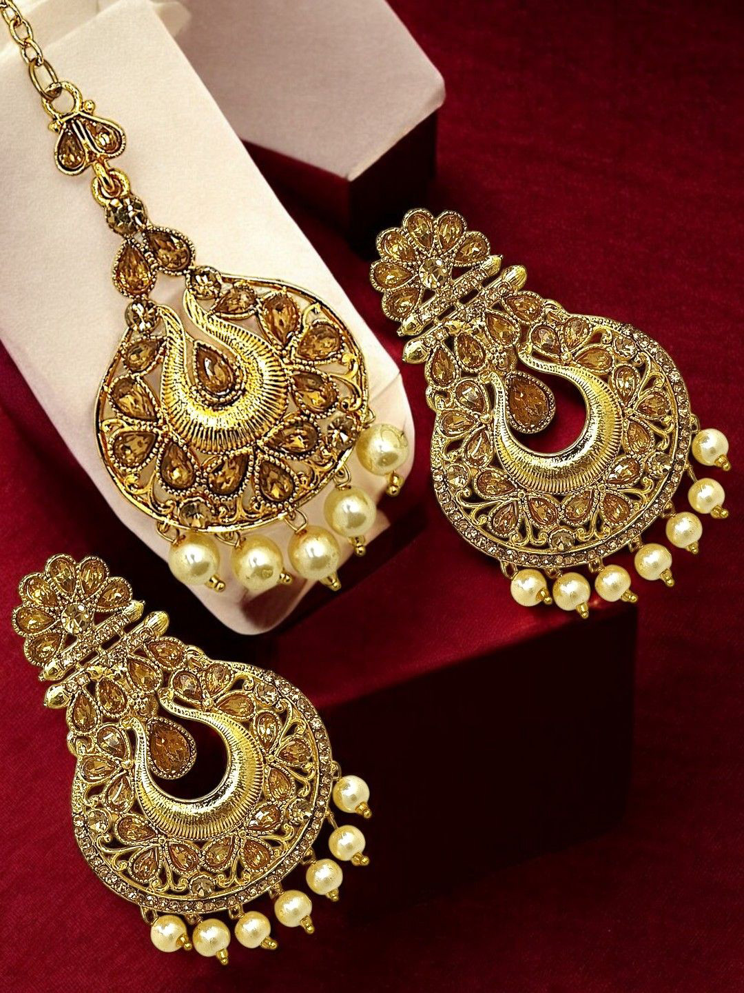 FEMMIBELLA Gold-Plated Artificial Stones Studded and Beaded Cresecent Shaped Chandbalis