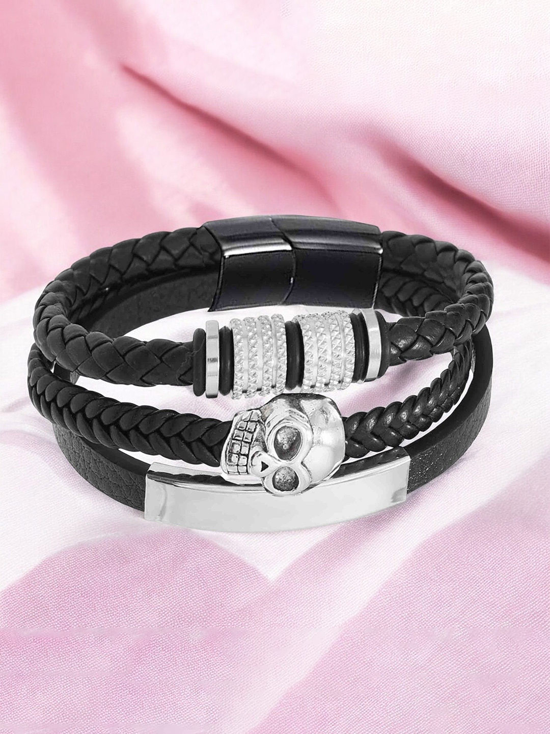 M Men Style Silver-Plated Stainless Steel Leather Layered Multistrand Bracelet