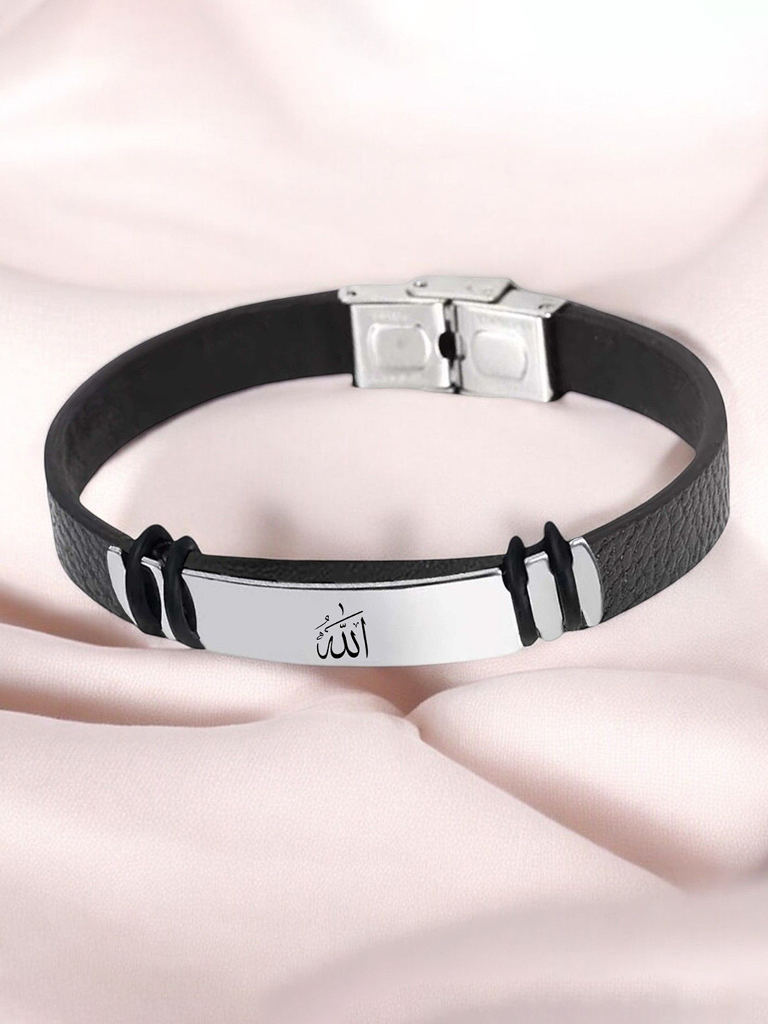 M Men Style Men Stainless Steel Silver-Plated Wraparound Leather Double Layer Bracelet