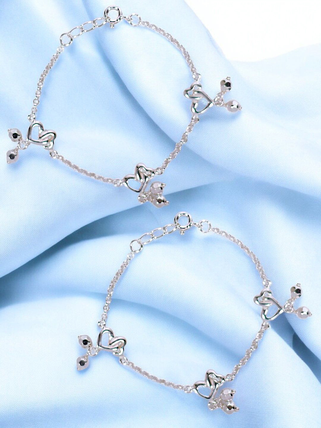 Taraash 925 Sterling Silver Double Heart With Small Bead Anklet