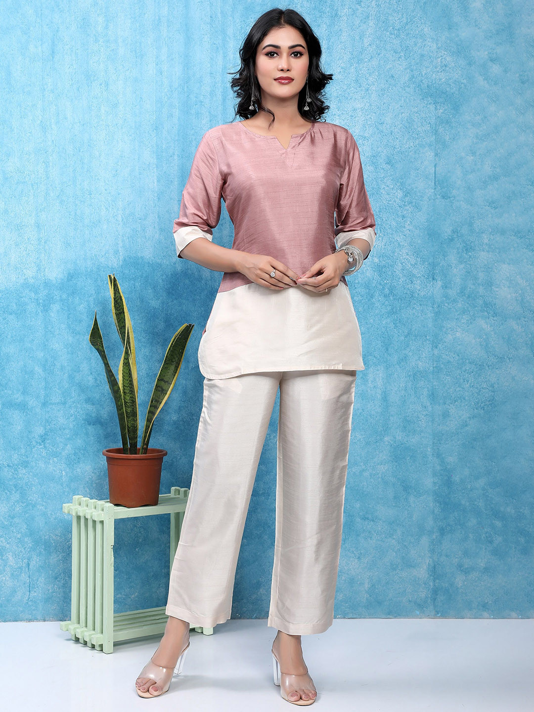 BABRU Women Pure Tusser Silk Tunic with Palazzo