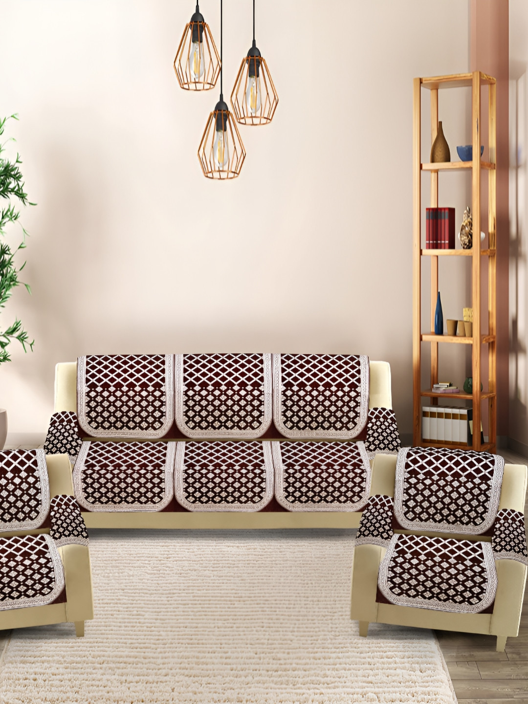 NACIA Maroon & White 12 Pieces Geometric Embroidered Velvet Sofa Covers With Arm Covers