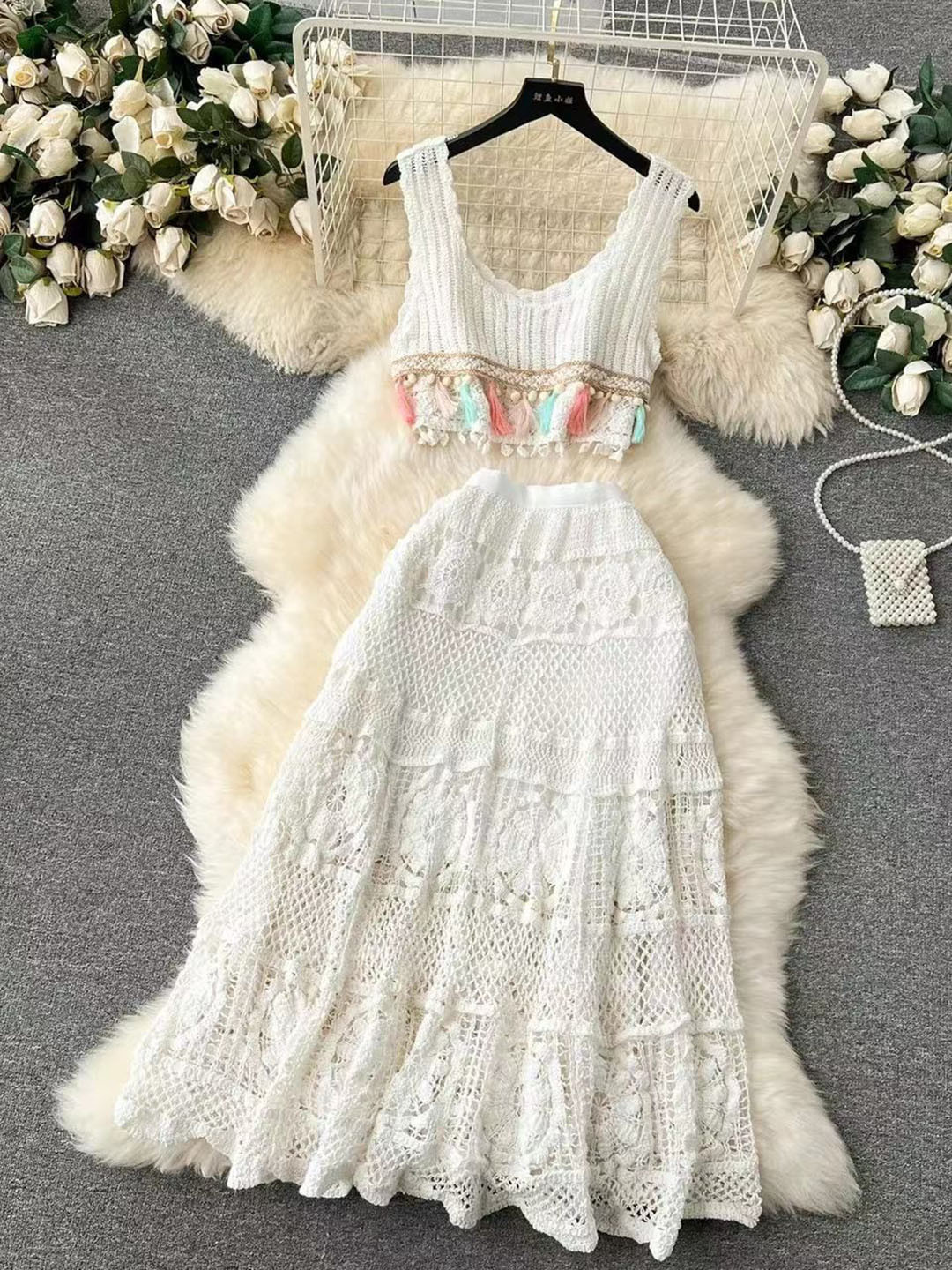 Miss Mosa By Akanksha  White Mirren Crochet Holiday Coord -Resortwear