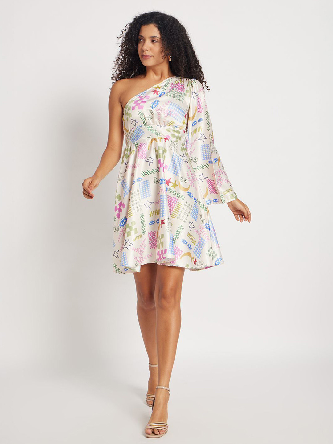 STITCH MONKEY Print One Shoulder Crepe A-Line Mini Dress