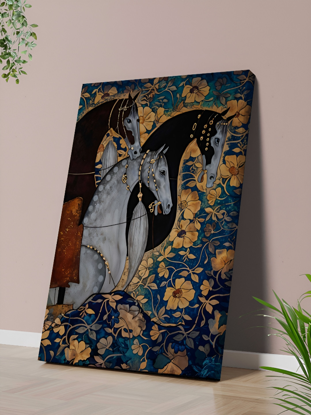 SAF Gold-Toned & Navy Blue Horses With Floral Design Canvas Wall Painting