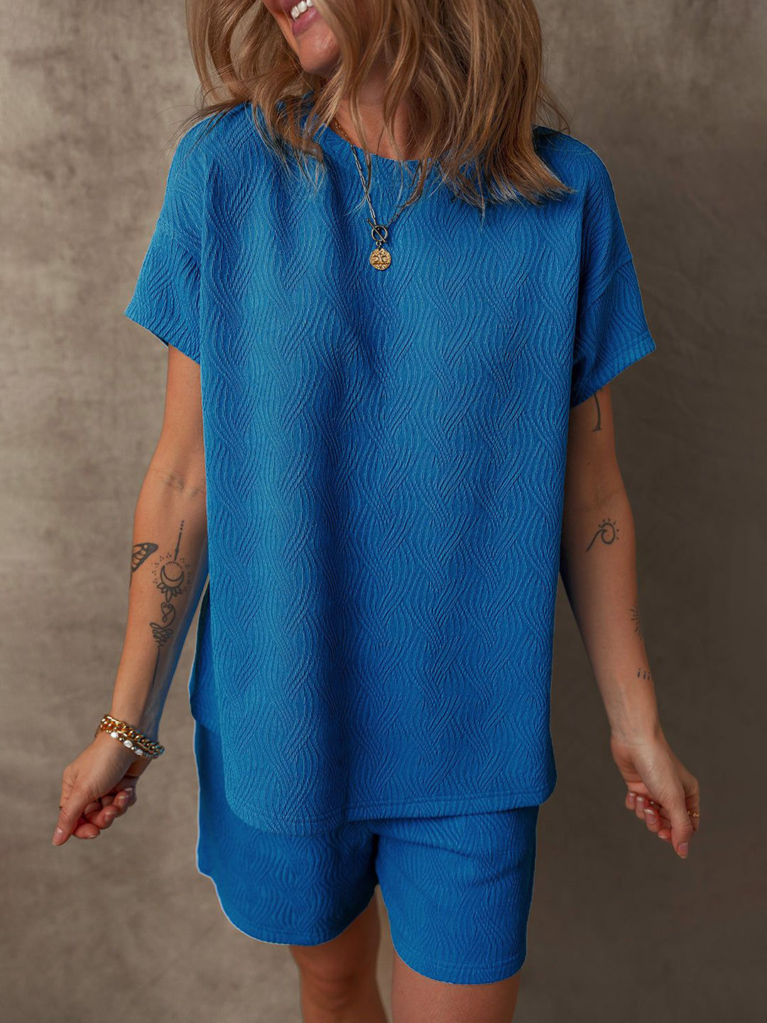 Errabelly Bluing Solid Textured Crew Neck Short Set