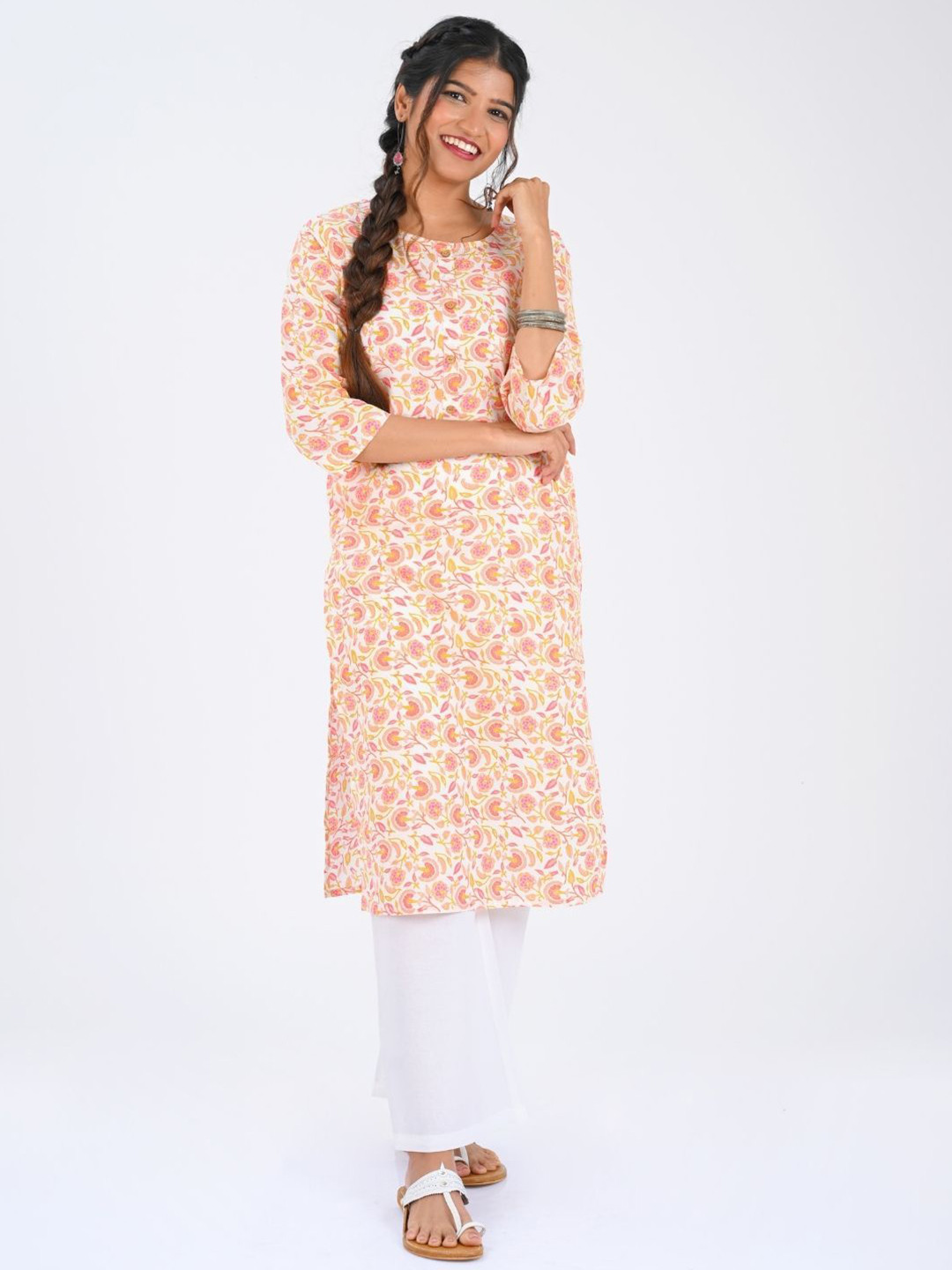 30 Looks Women Floral Printed Flared Sleeves Thread Work Kurta