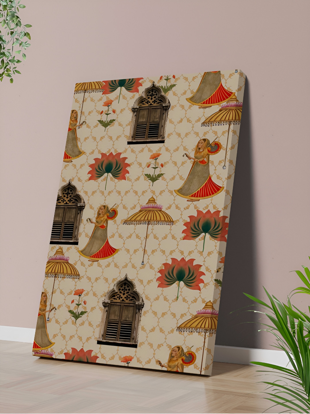 SAF Beige & Orange Lotus Flowers & Umbrellas Canvas Wall Painting