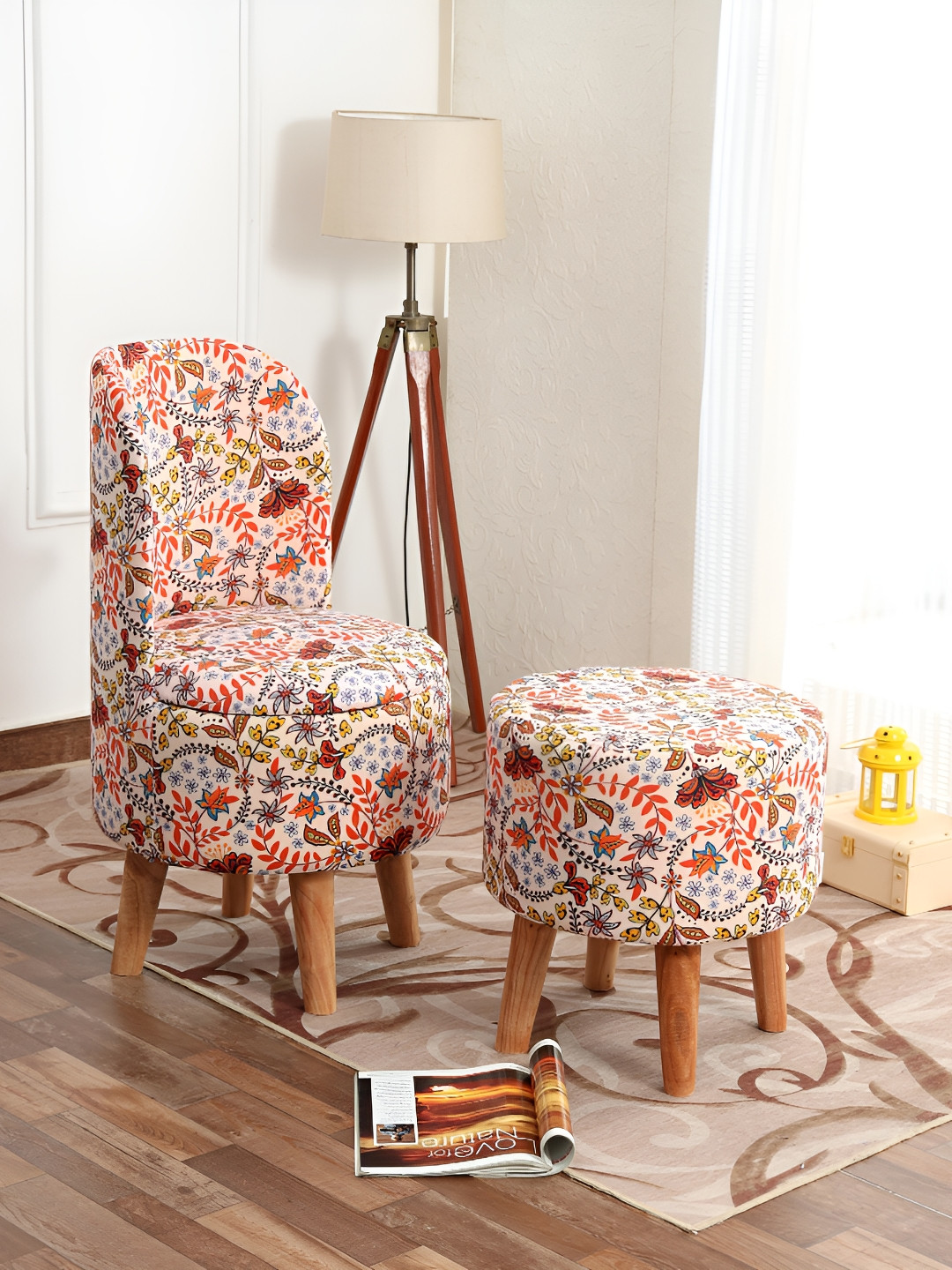 NACIA Green & Pink Printed Cylindrical Shape Wooden Ottomans