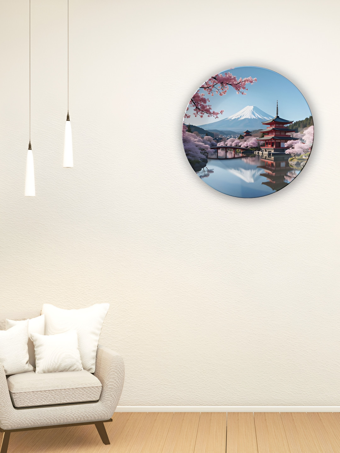 THE QUIRKY HOME Mount Fuji and Cherry Crafted Ceramics Glossy Hall Wall Plates-9.8In