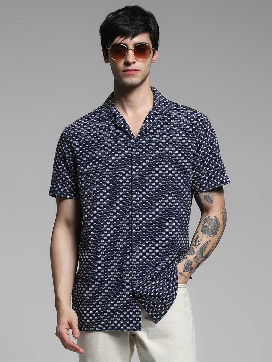 Jack & Jones Polka Dot Printed Cuban Collar Relaxed Fit Shirt