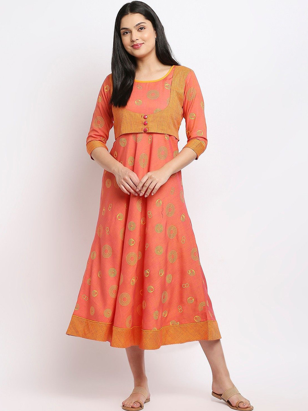 MORDEN MUSE Women Paisley Printed Bell Sleeves Summer Sheers Maternity Anarkali Kurta