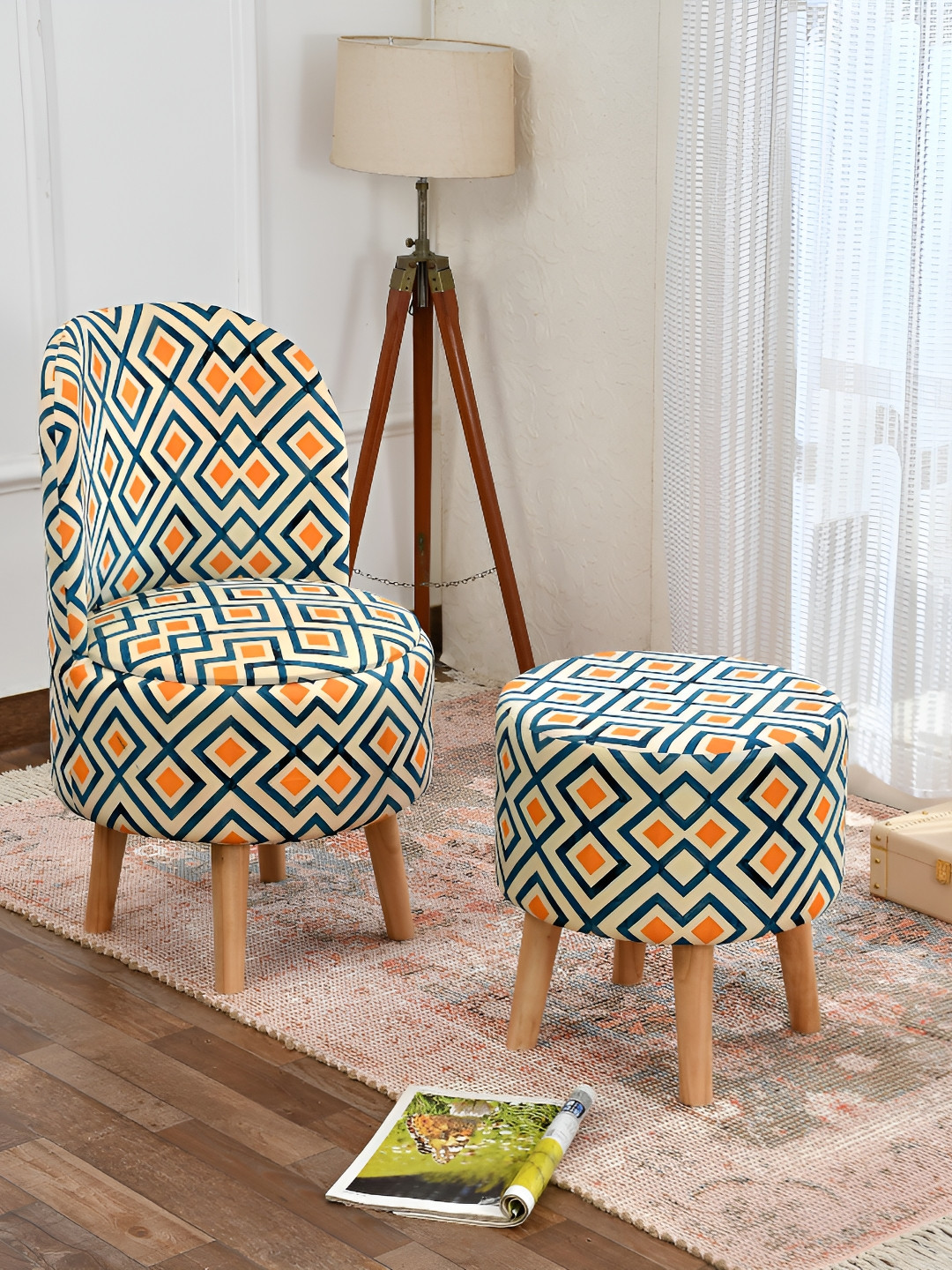 NACIA 2 Pieces Yellow & Blue Geometric Printed Cylindrical Shape Ottomans
