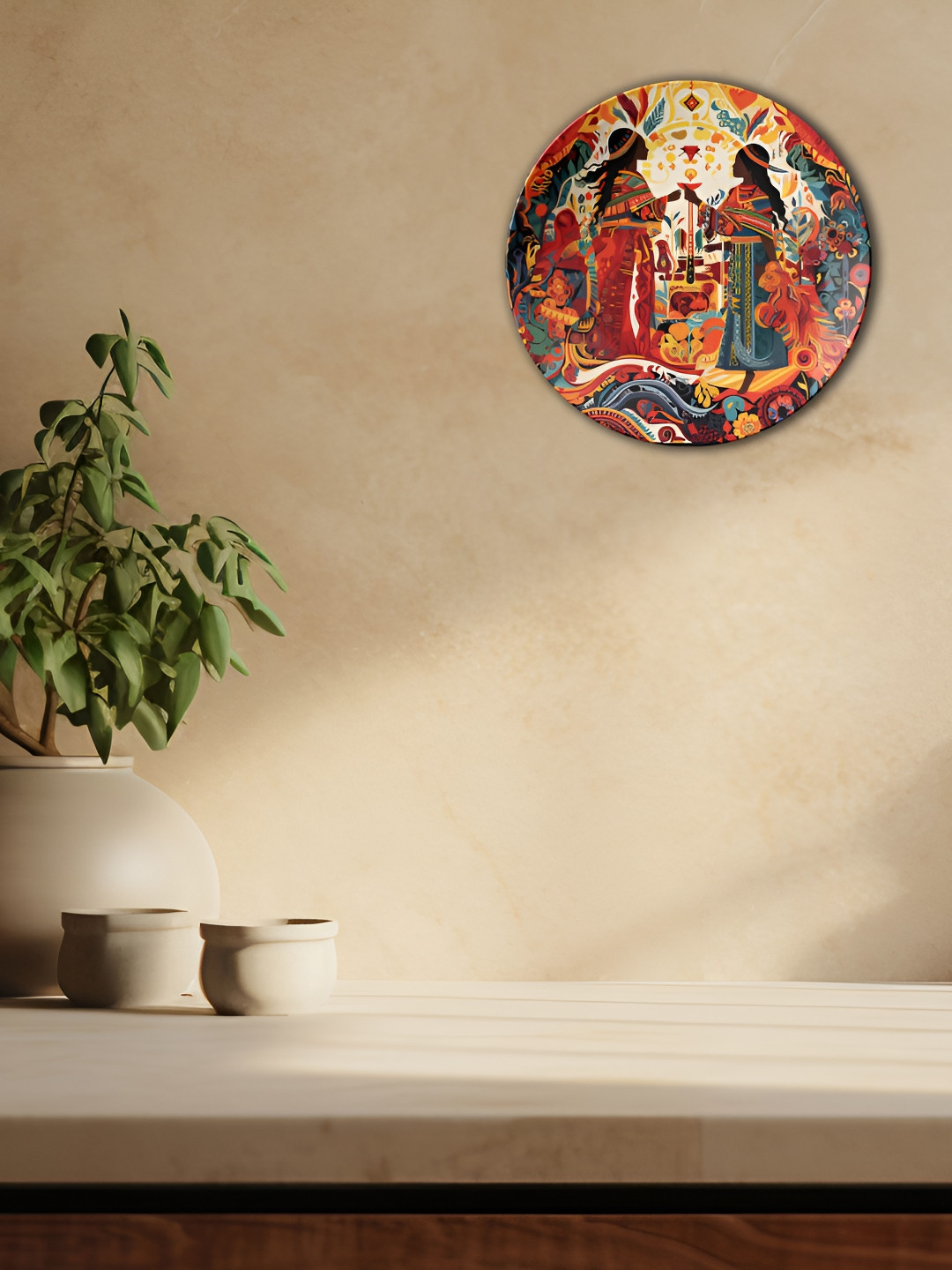 THE QUIRKY HOME Golden Thread of Connection Ceramic Ethnic Motifs Glossy Wall Plates-10In