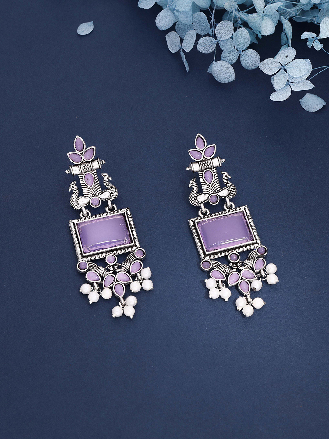 Brado Jewellery Stones Studded and Pearls Beaded Square Oxidised Drop Earrings