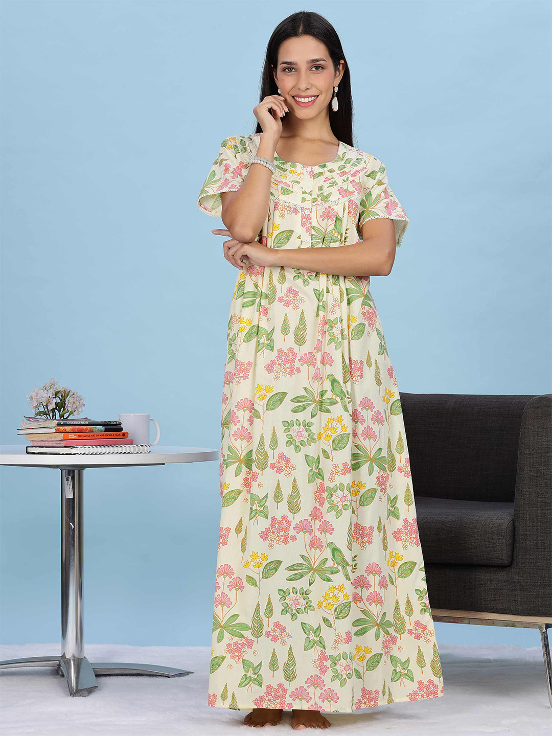 9shines Label Floral Print Yellow Pink Cotton Nightdress with Embroidery