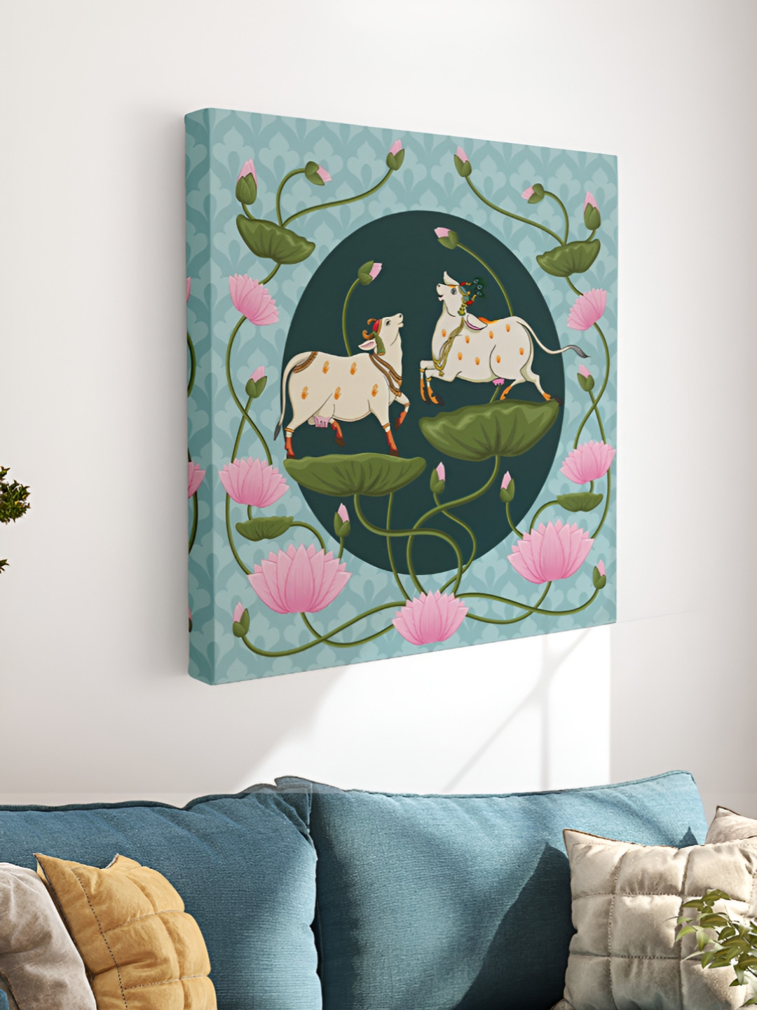 Myntra Elegant Homes Blue & Green Pichwai Cow Canvas Wall Art