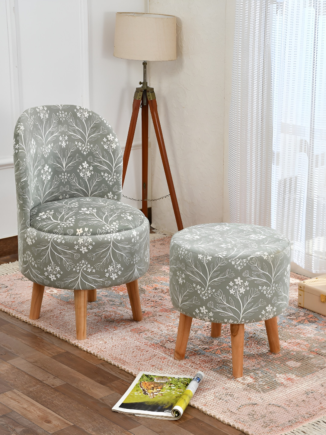 NACIA 2 Pieces Green Floral Printed Cylindrical Shape Wooden Ottoman Pouffes Chair & Stool