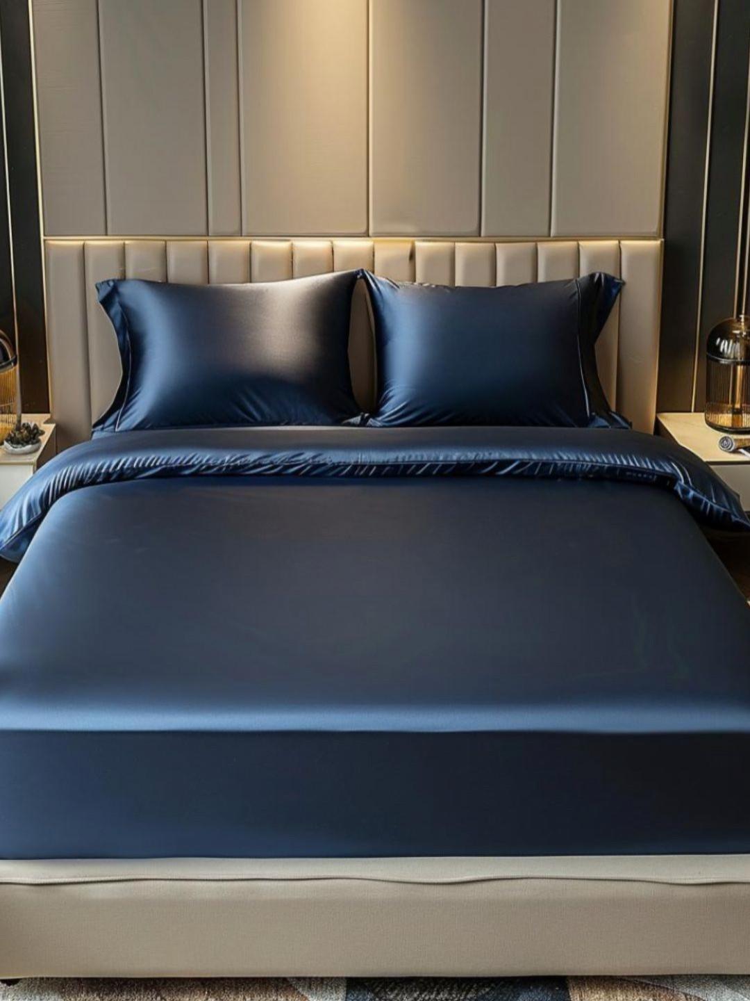 COOLBEDS Navy Blue Poly Satin 400 TC Fitted King Superfine Bedsheet with 2 Pillow Covers-72 x 80 inches