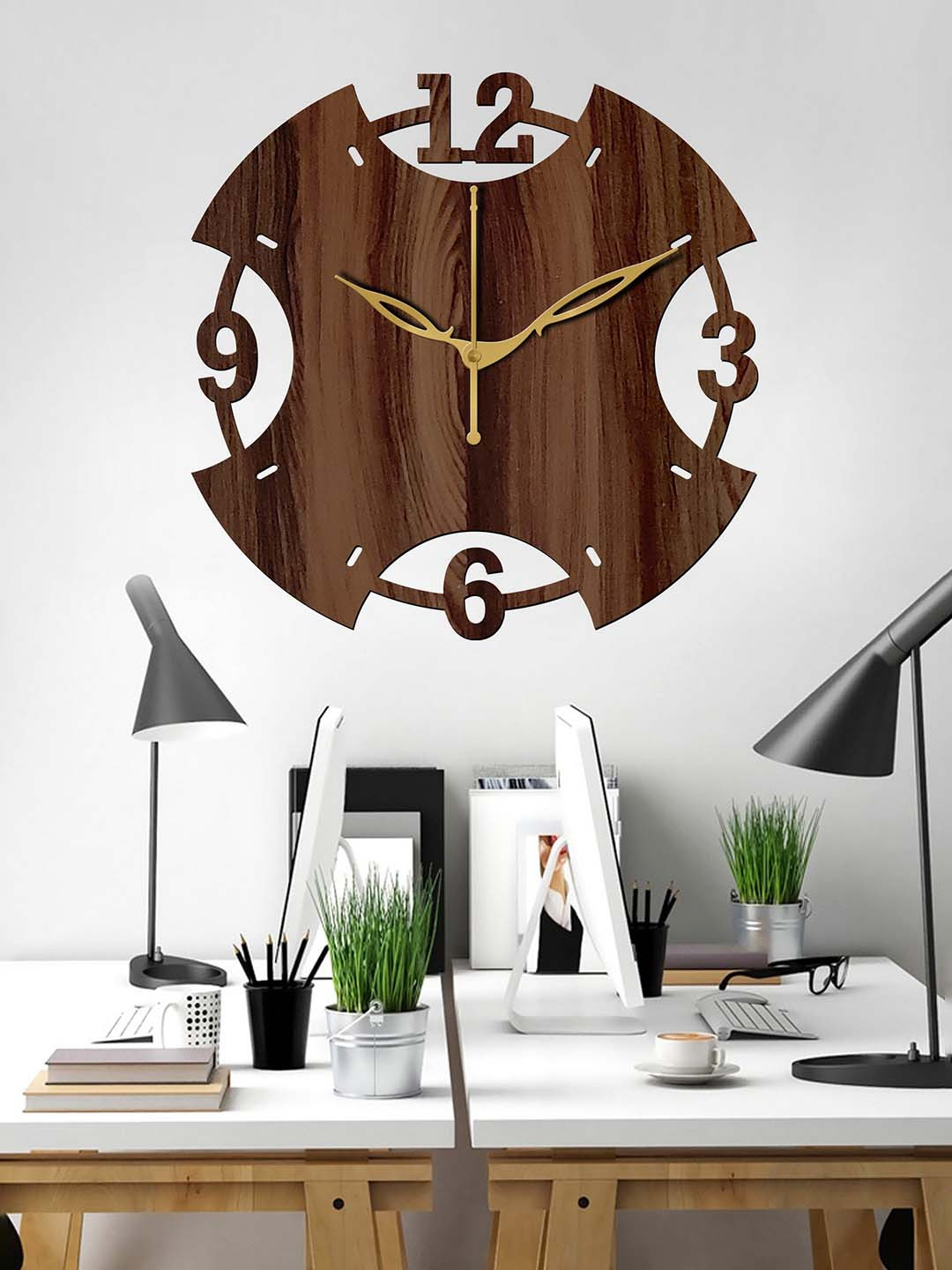 Freny Exim Brown & Gold-Toned Textured S Cut Shape Wooden Wall Clock