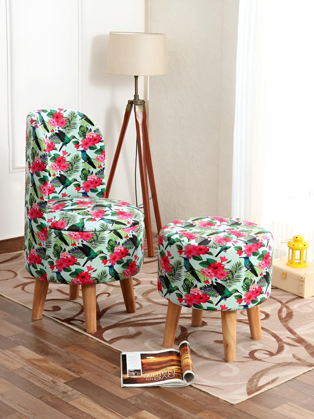 NACIA 2-Pieces Green & Pink Floral Printed Ottoman Pouffes Stool