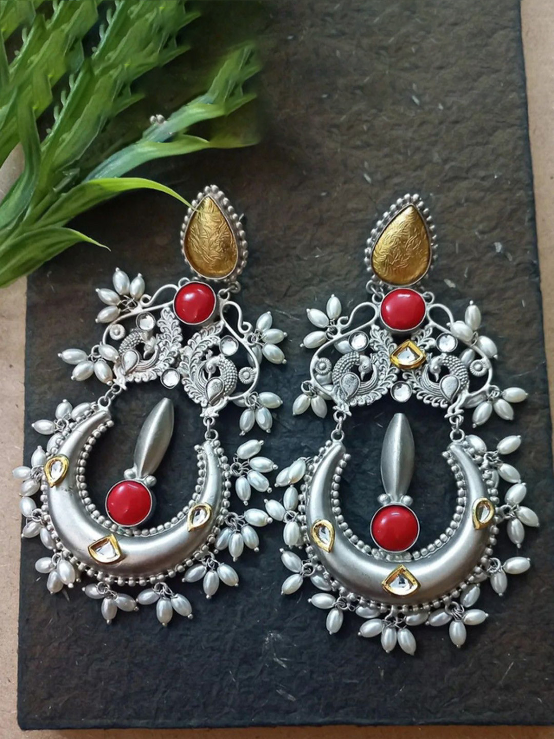 Ekanibymonashstudio 92.5 Silver- Plated Kundan Jadau Big Bold Statement Drop Earrings