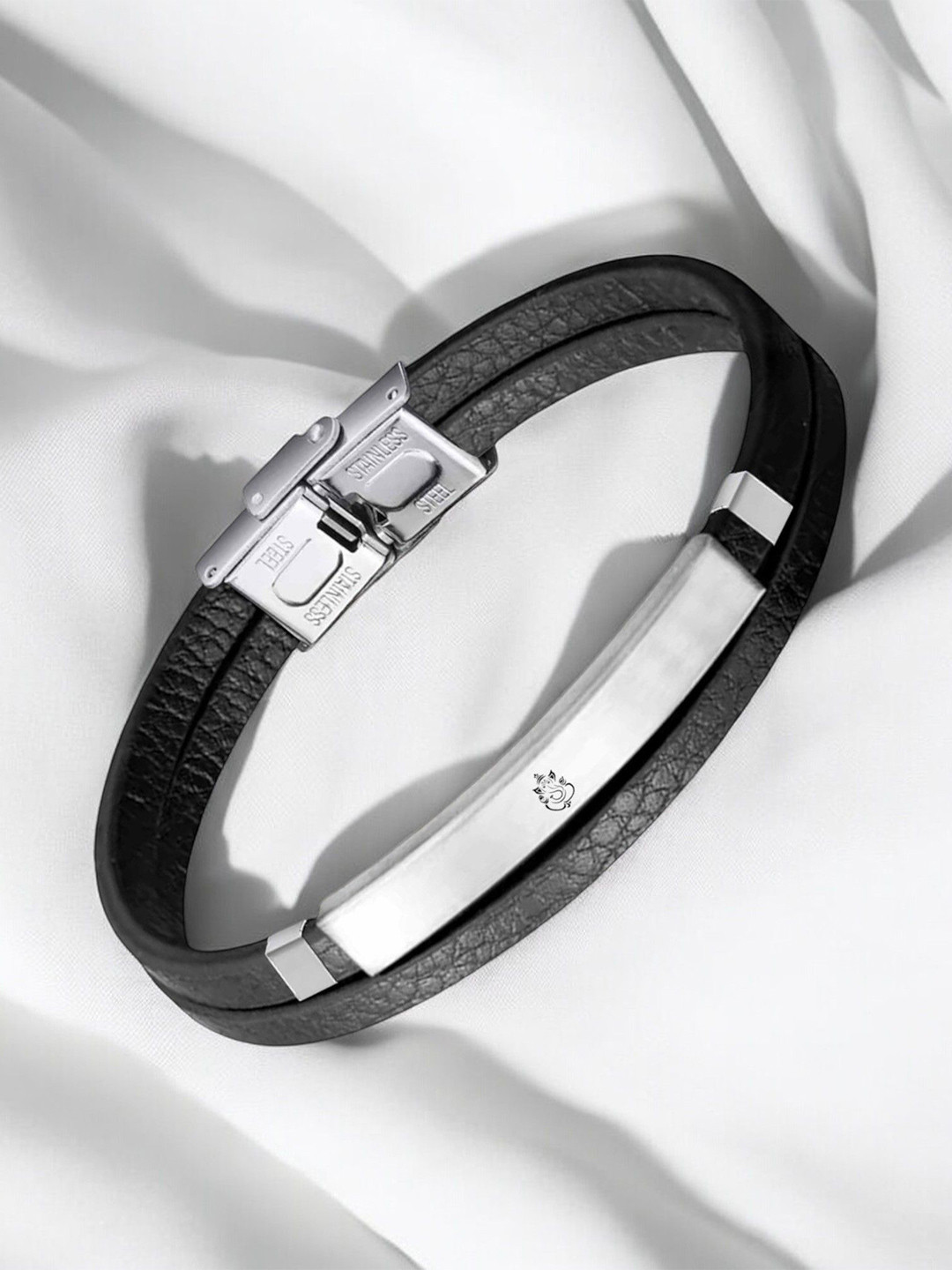 M Men Style Men Stainless Steel Silver-Plated Wraparound Leather Double Layer Bracelet