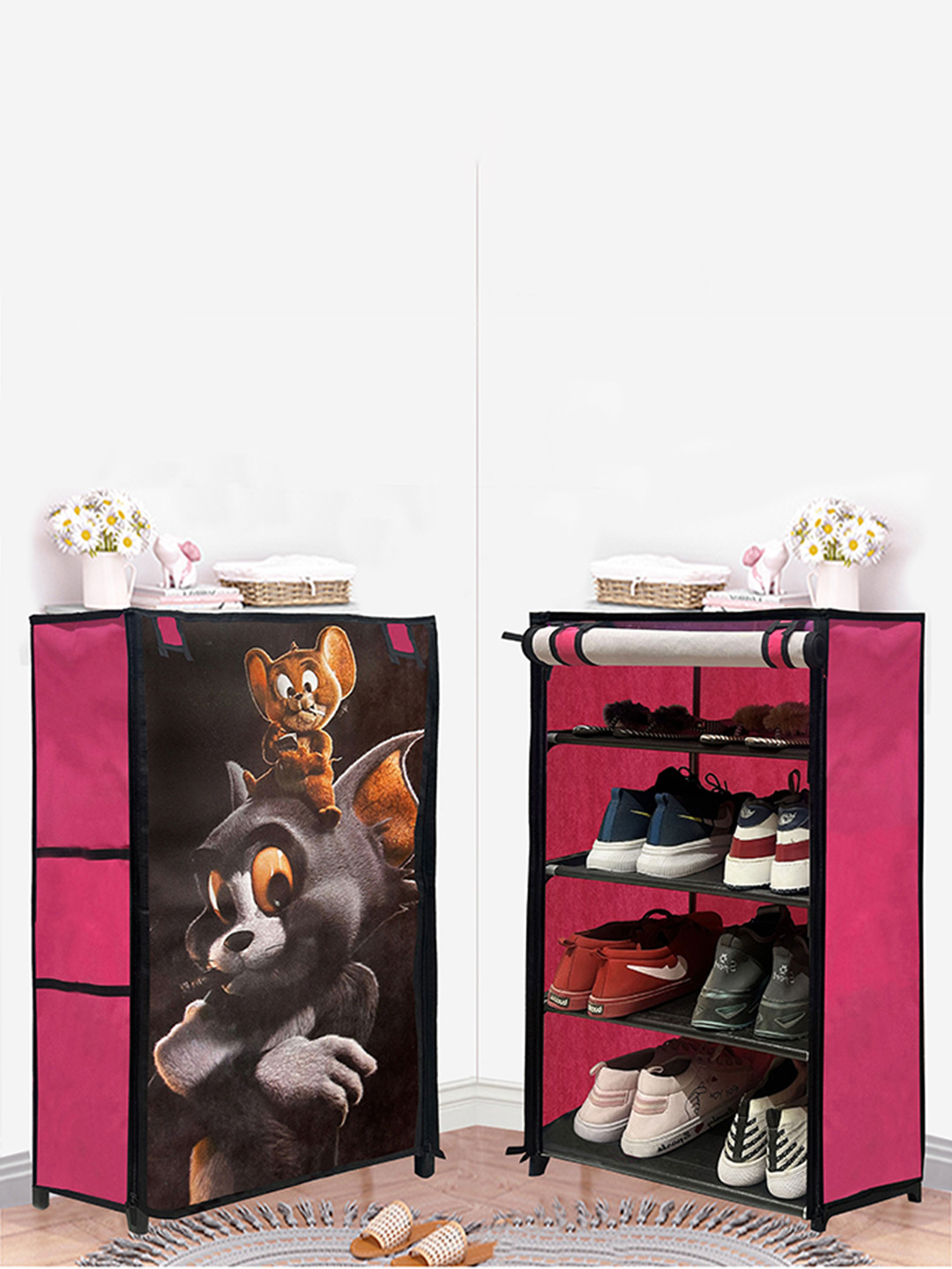 Rmerchants Pink & Black Tom & Jerry Printed 4-Tier Shoe Racks