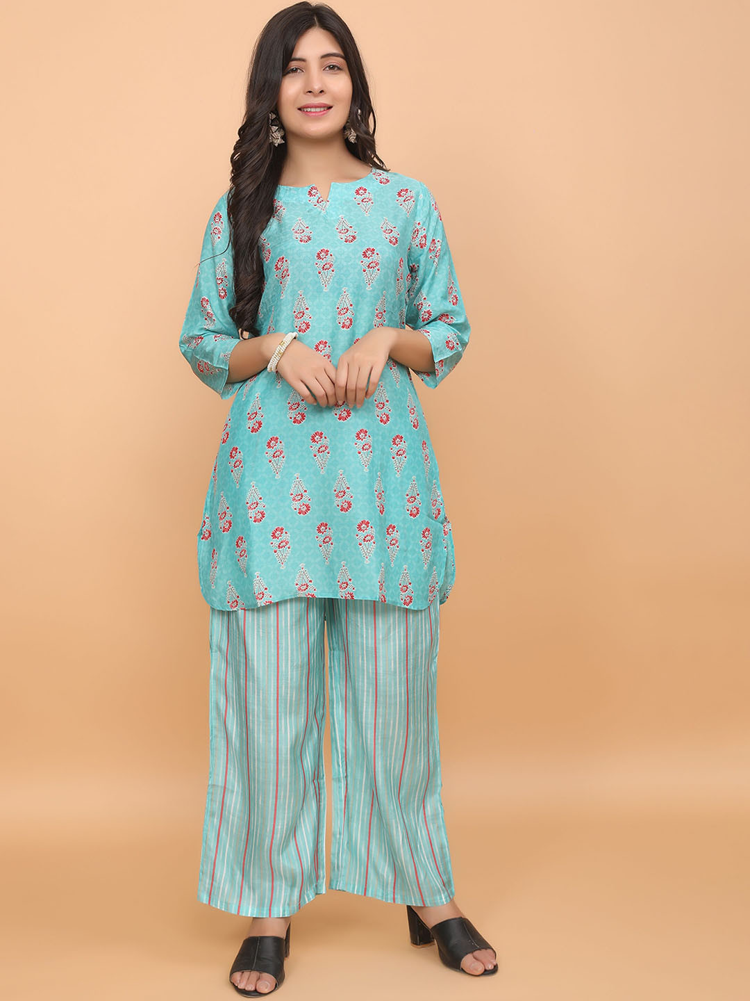 BABRU Women Block Printed Notch Neck Tunic with Palazzo