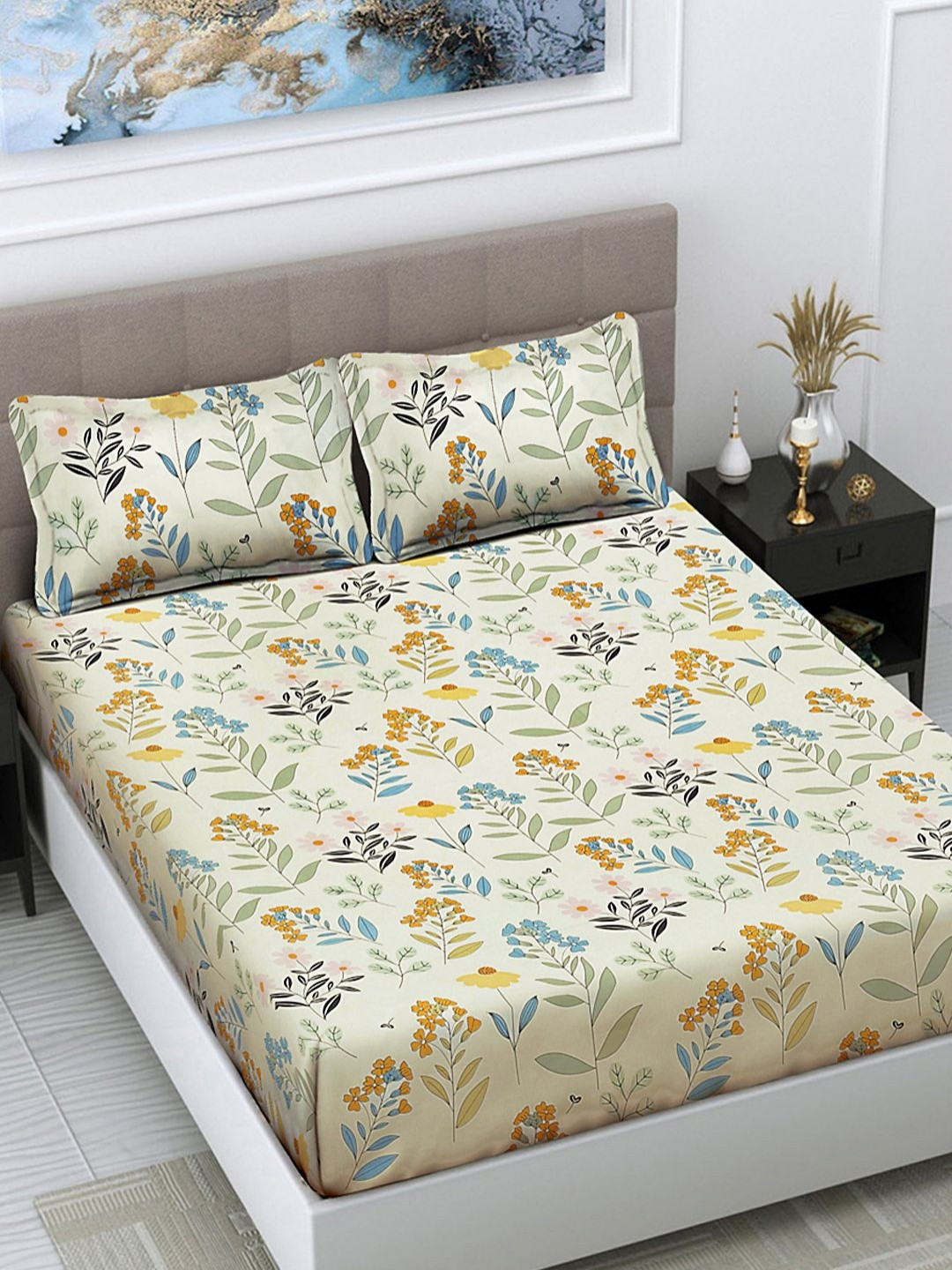 Myntra Elegant Homes Cream Floral Polycotton 300 TC King Fine Bedsheet with 2 Pillow Covers-98 x 89 inches