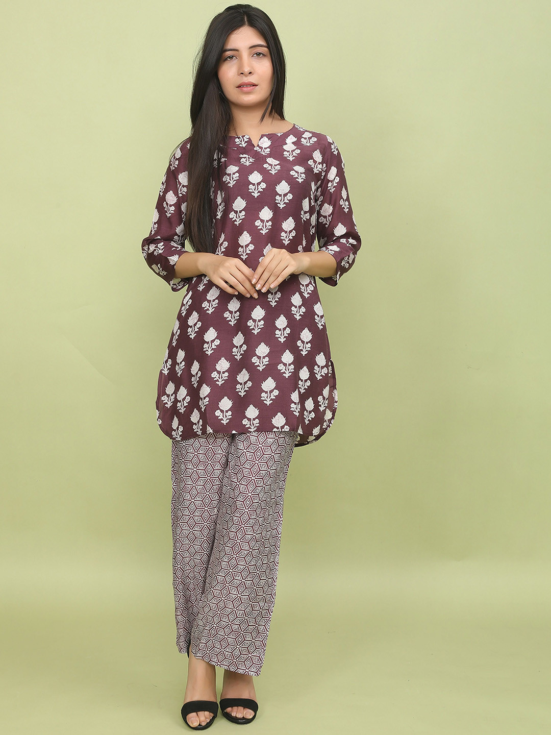 BABRU Women Block Printed Notch Neck Tunic with Palazzo