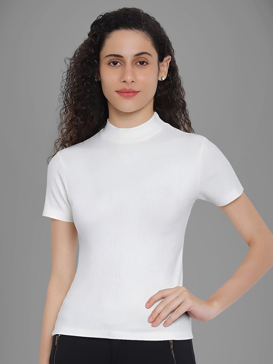 Dream Beauty Fashion top-51-tripta-white Women Solid High Neck Top