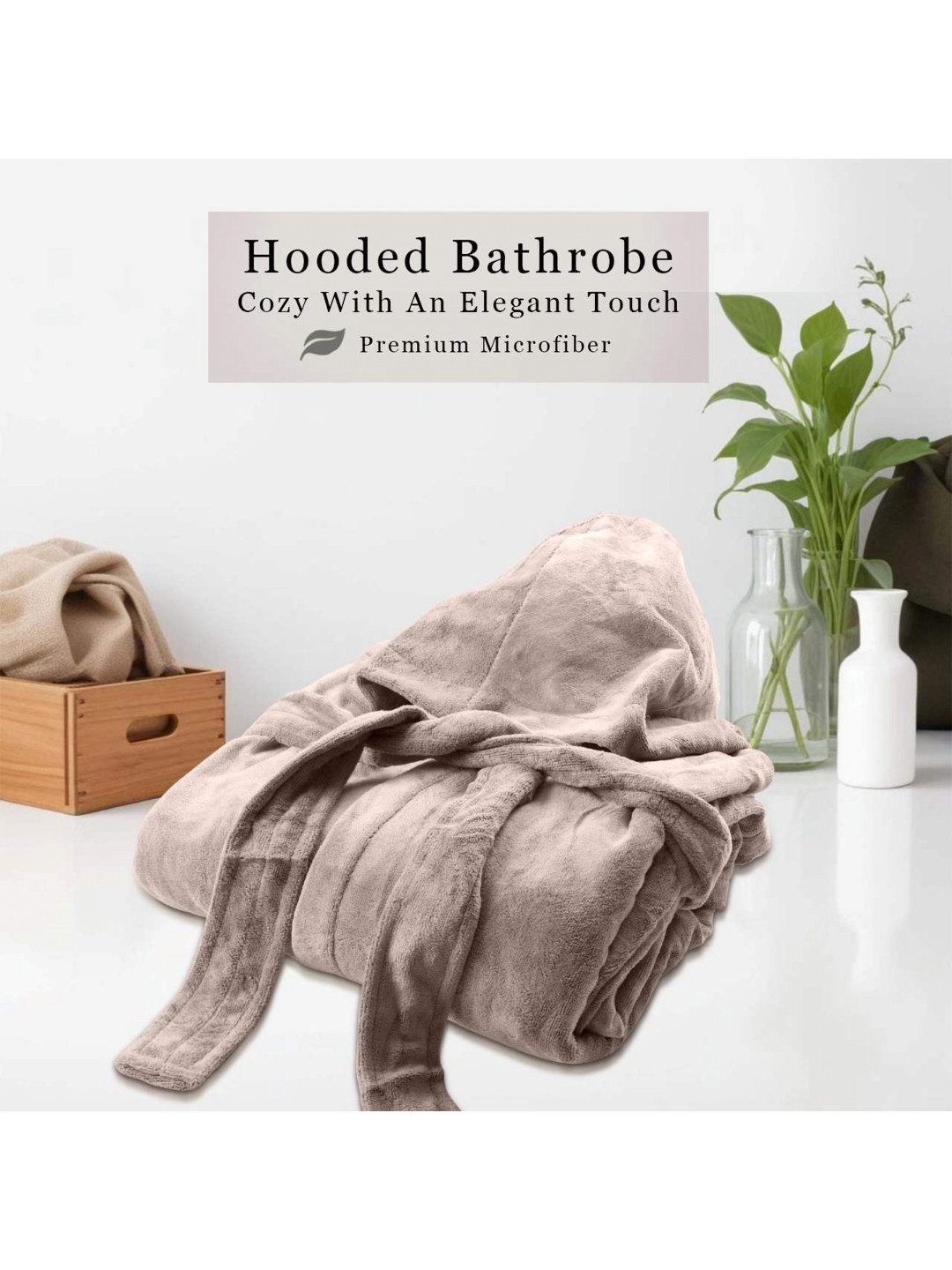 HOUSSE Luxurious Brown Solid Microfibre Drawstring Midi Bath Robe-L