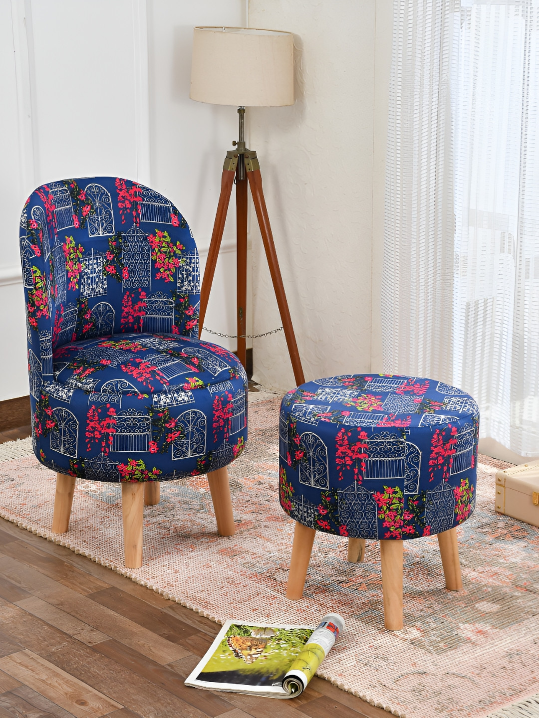NACIA Blue & Pink 2 Pieces Printed Wooden & Velvet Cylindrical & Round Pouffe Ottomans
