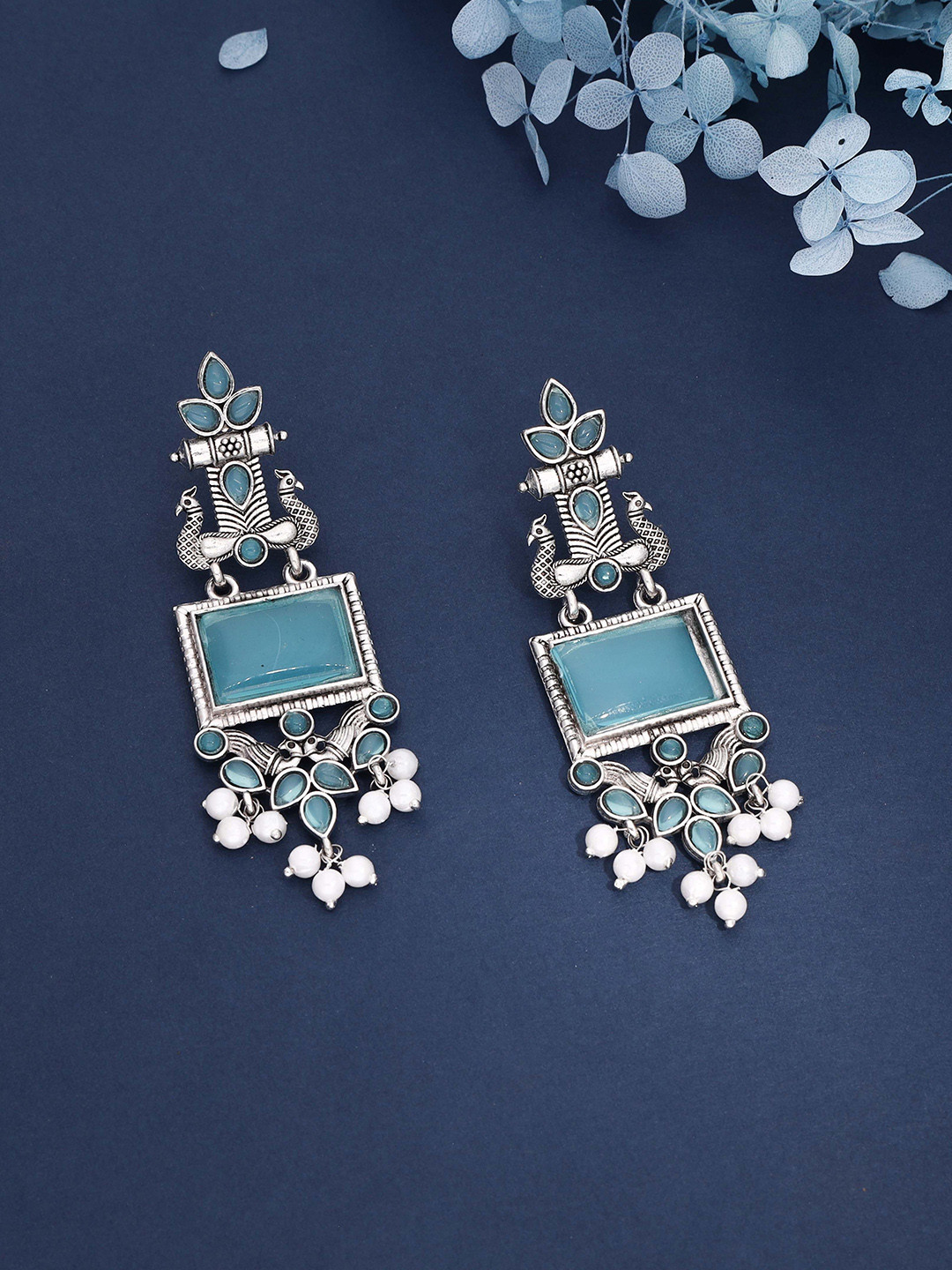 Brado Jewellery Silver-Plated Stones Studded and Pearls Beaded Square Shaped Drop Earrings