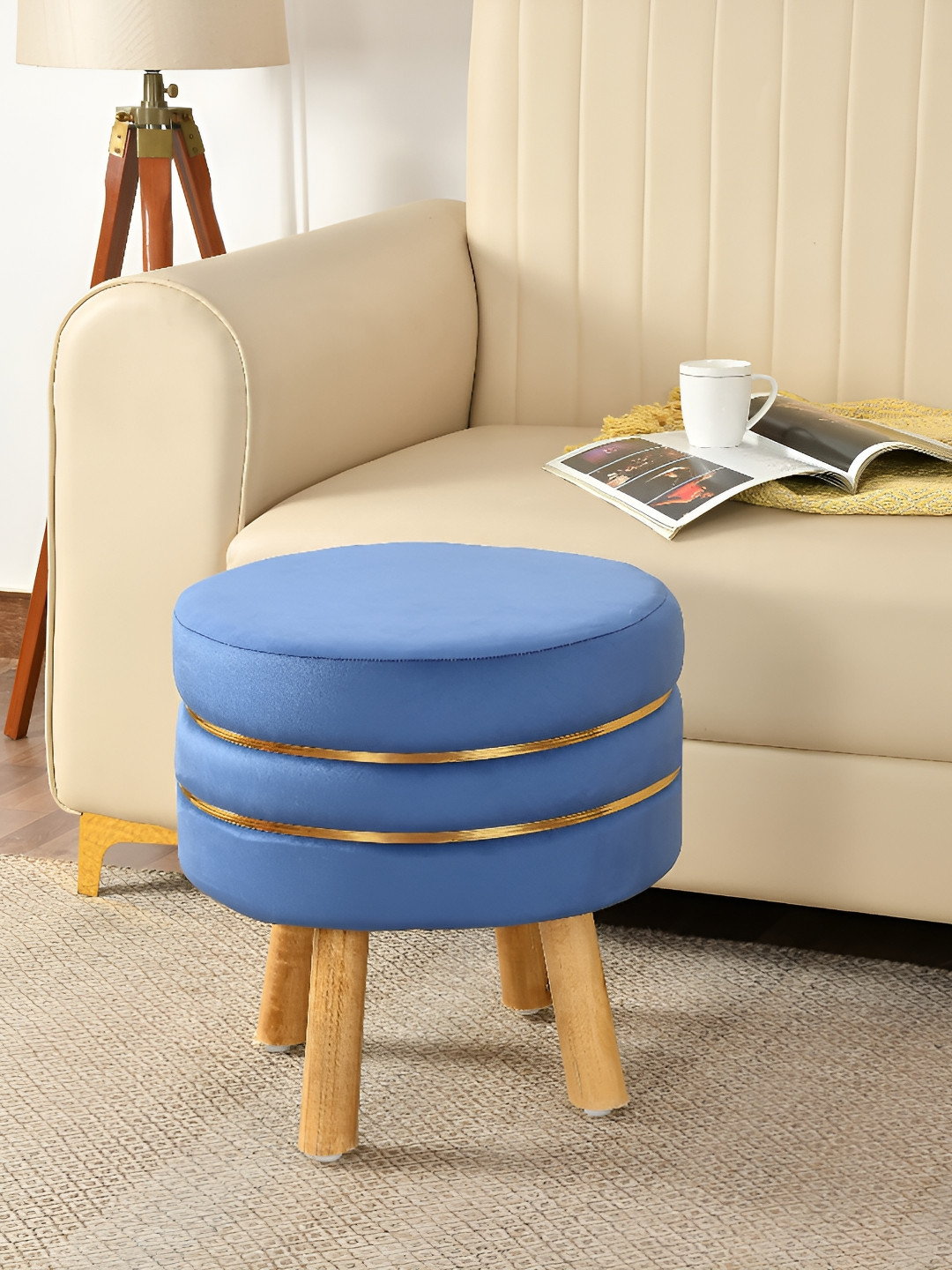 NACIA Blue Round Shaped Wooden & Velvet Ottoman Pouffes Stool