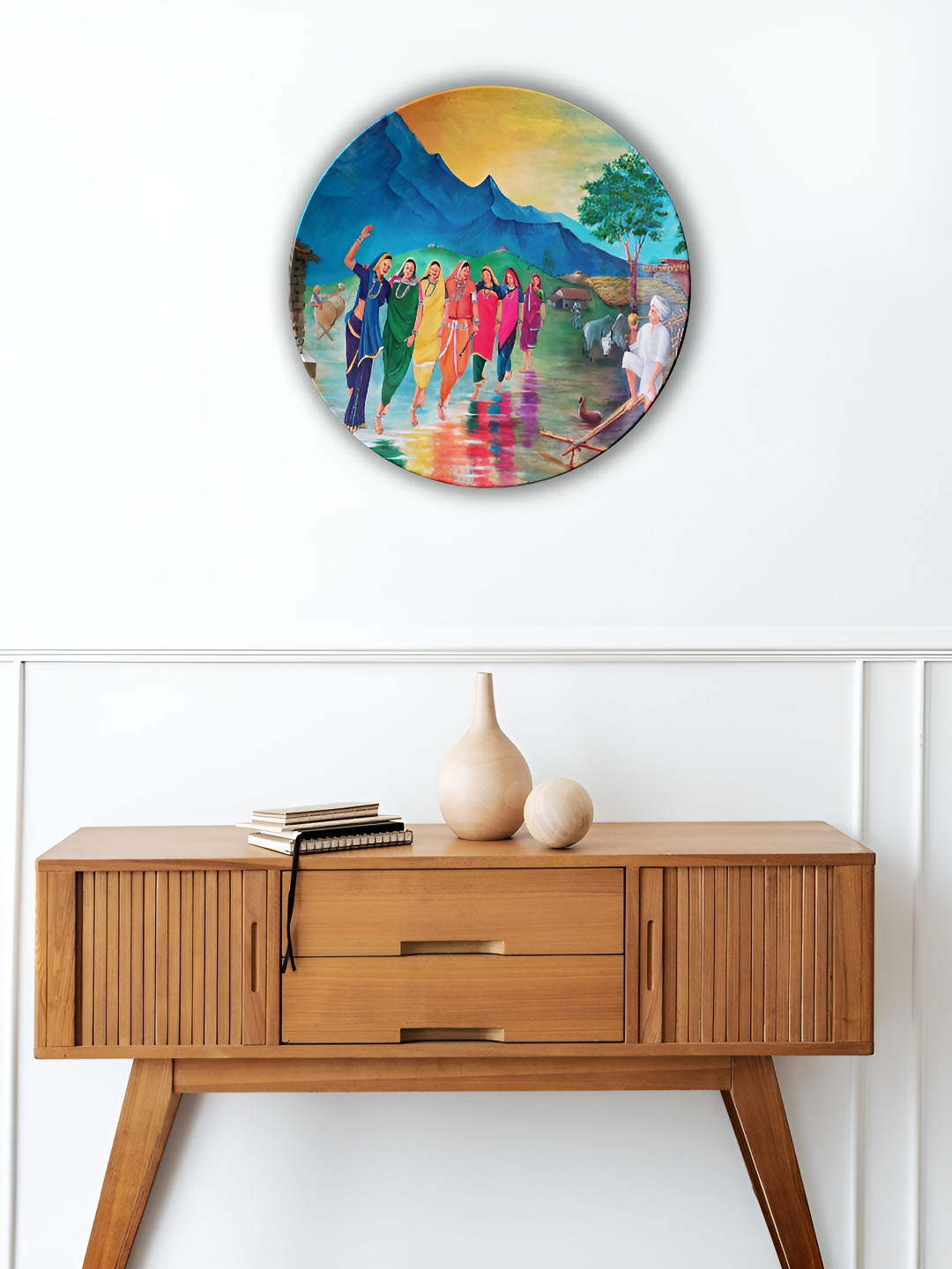 THE QUIRKY HOME A Day in the Village Ceramic Ethnic Motifs Glossy Hall Wall Plates-10In