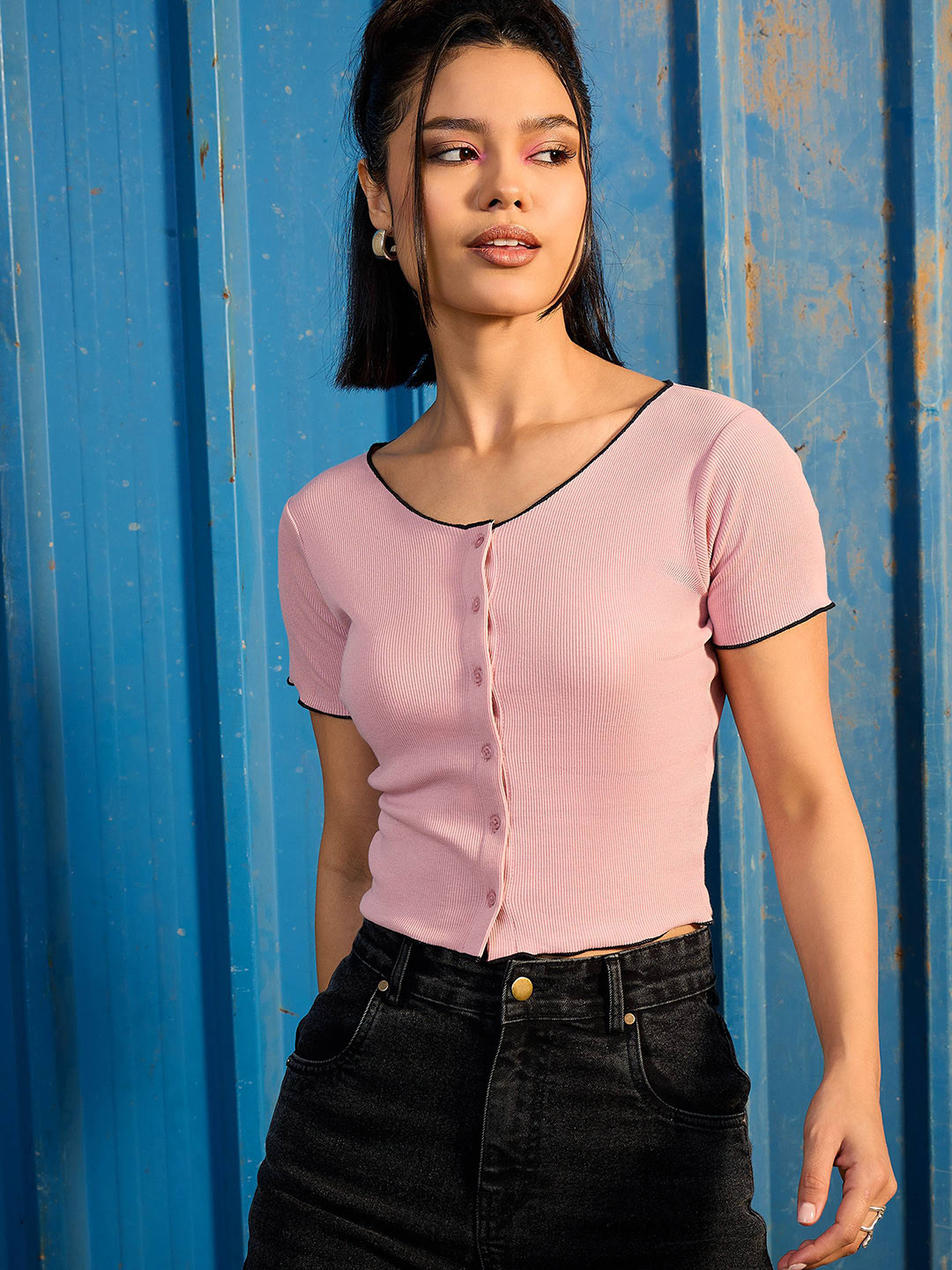 CORSICA Contrast Stitch Front-Open Ribbed Top