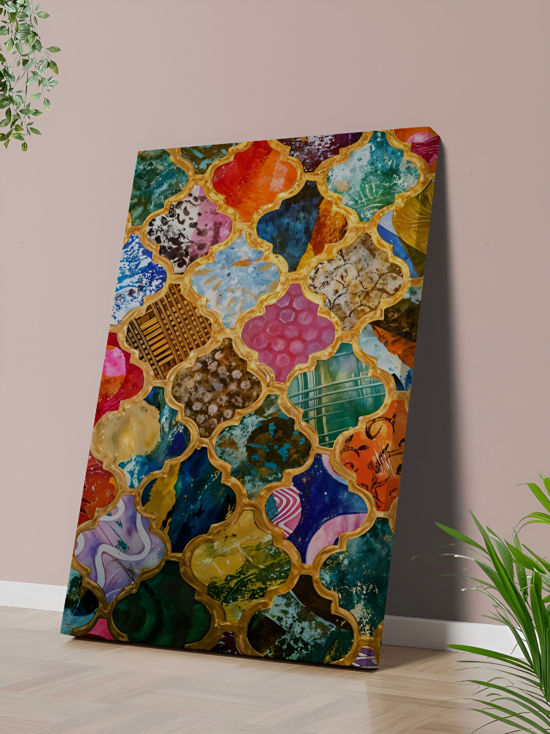 Aura Gold-Toned & Blue Moroccan Pattern Canvas Wall Art