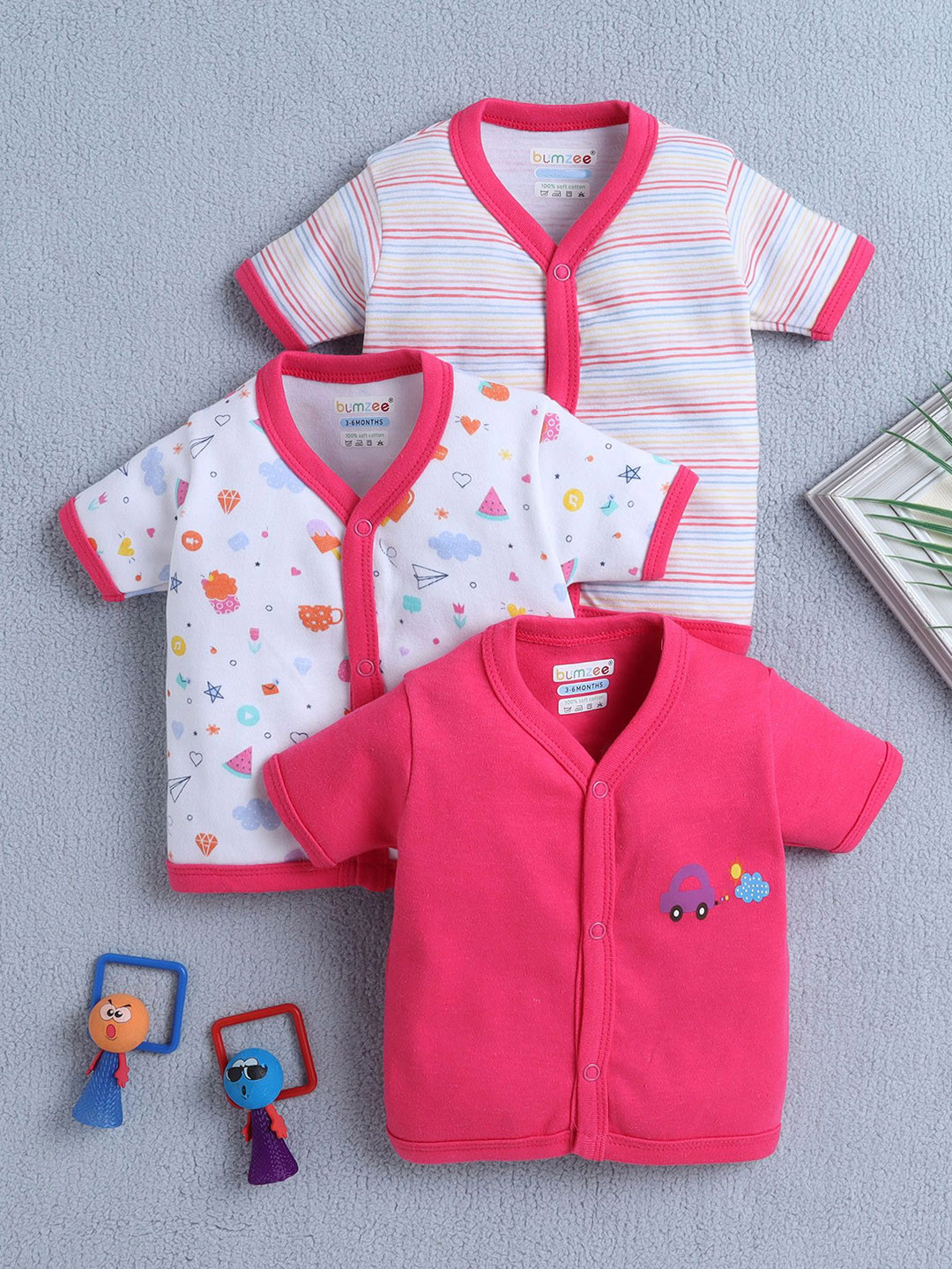 BUMZEE Infant Girls Pack Of 3 Printed Cotton Jhabla Vests