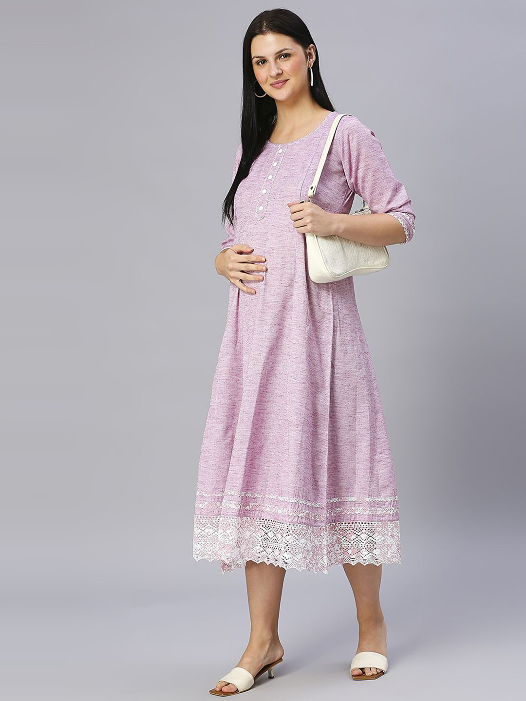 MORDEN MUSE Women Paisley Embellished Kantha Work Lace Frills Bows and Ruffles Maternity Anarkali Kurta