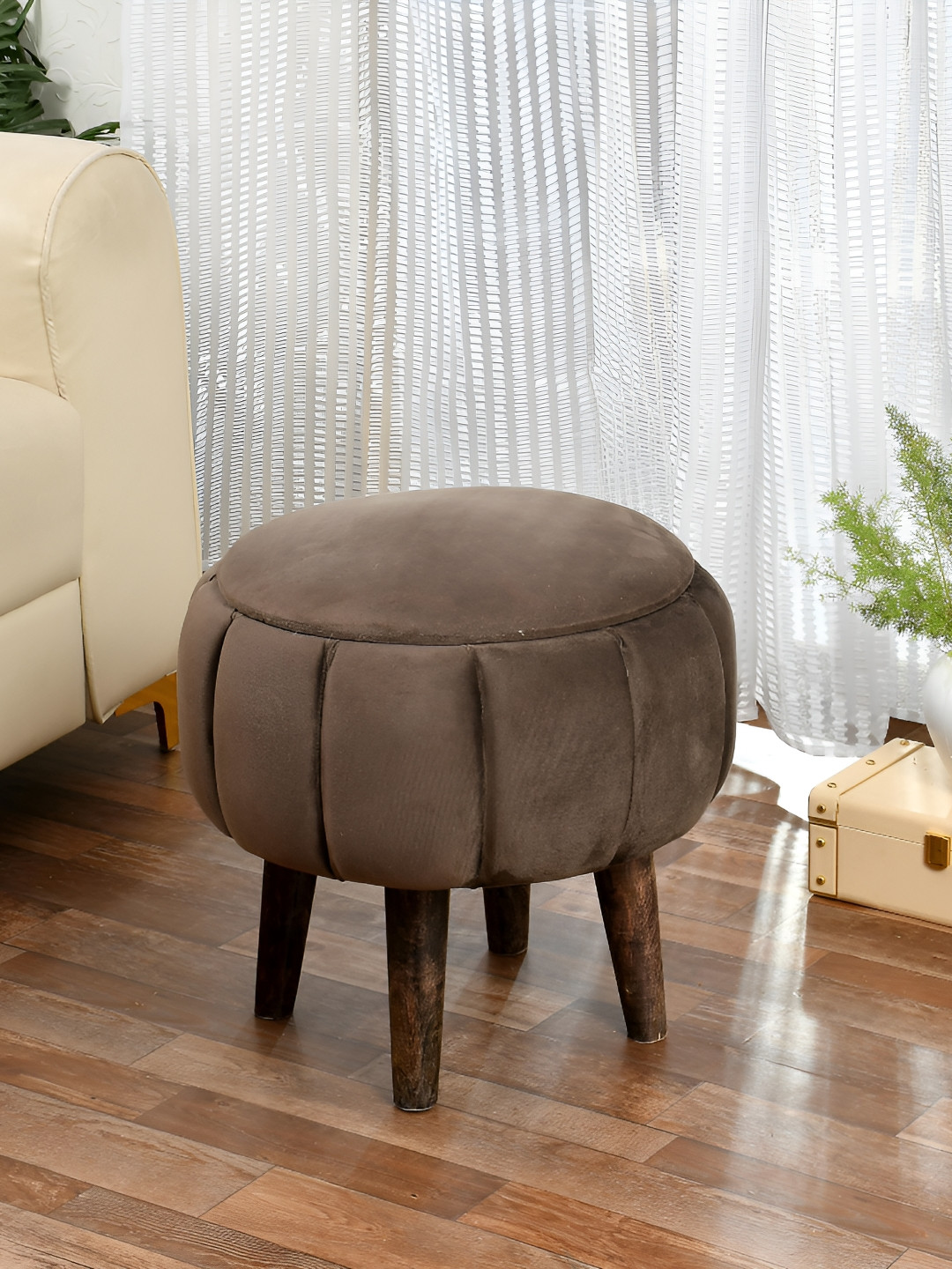 NACIA Brown Wooden & Velvet Round Storage Ottoman