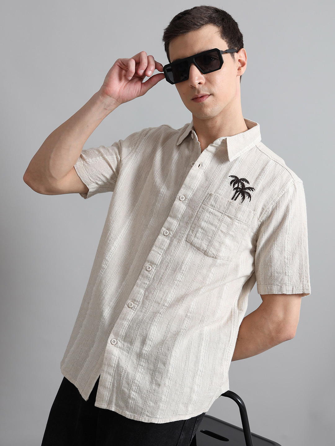 StitchX Men's Half Sleeve Textured Embroidered Shirt