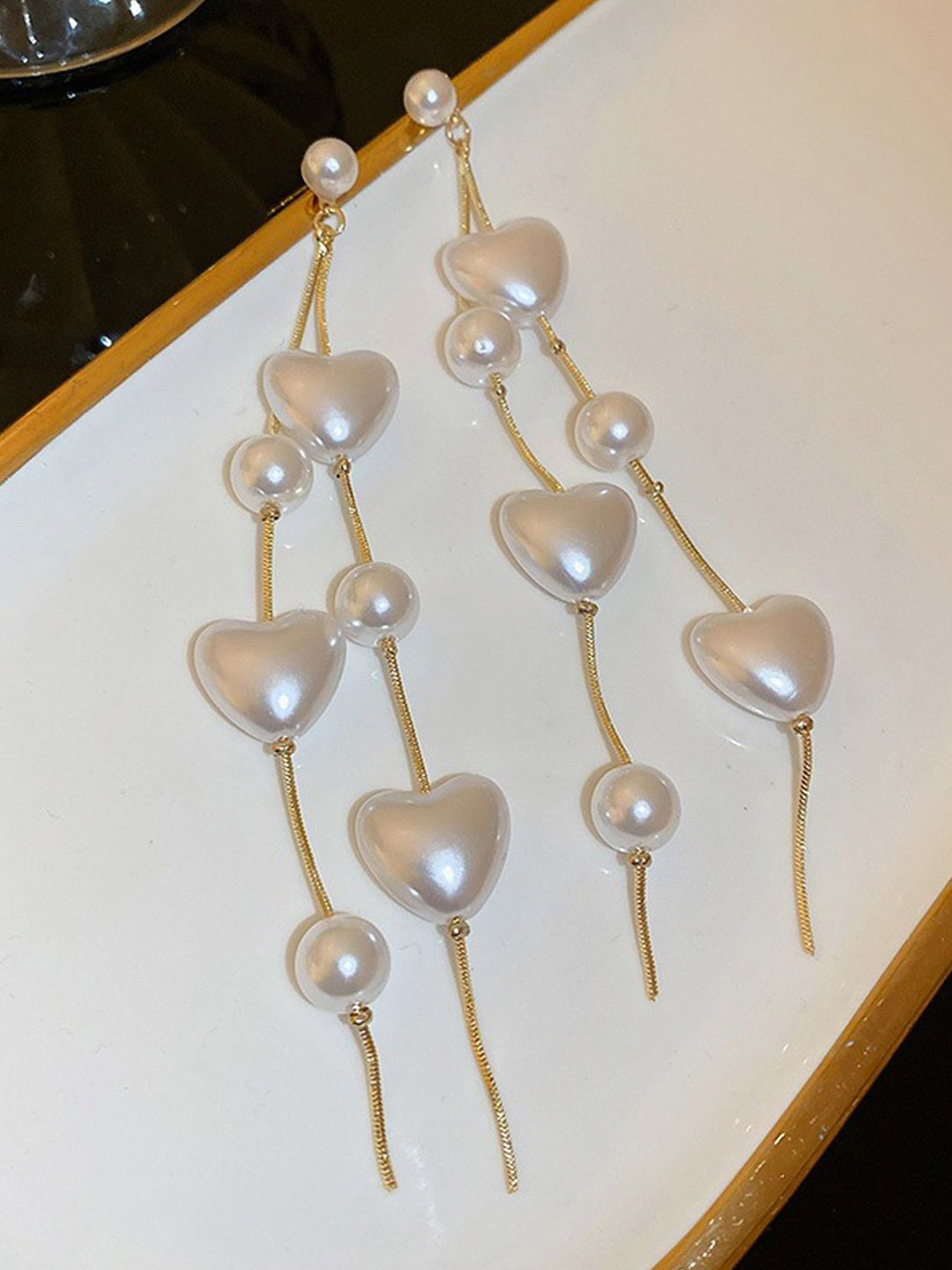 Krelin Silver-Plated Elegant Pearl Dangle Heart Accents Shaped Drop Earrings