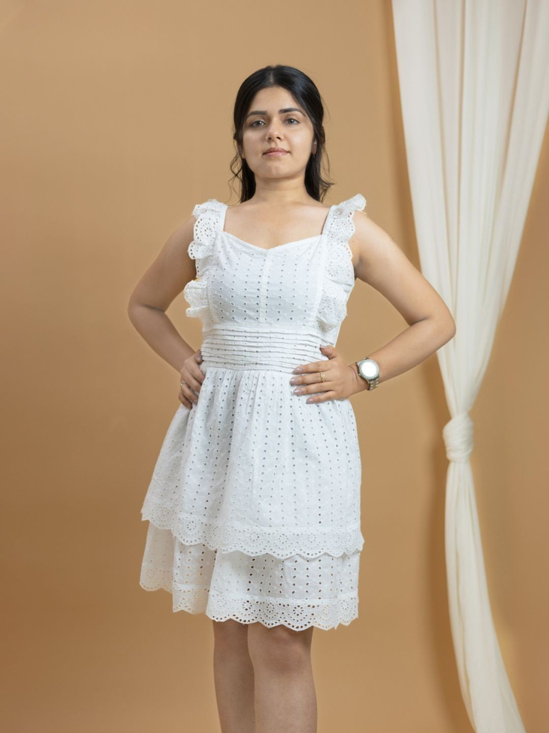 Veeralda Women Self Design Layered Flutter Sleeves Fit & Flare Above Knee Dress
