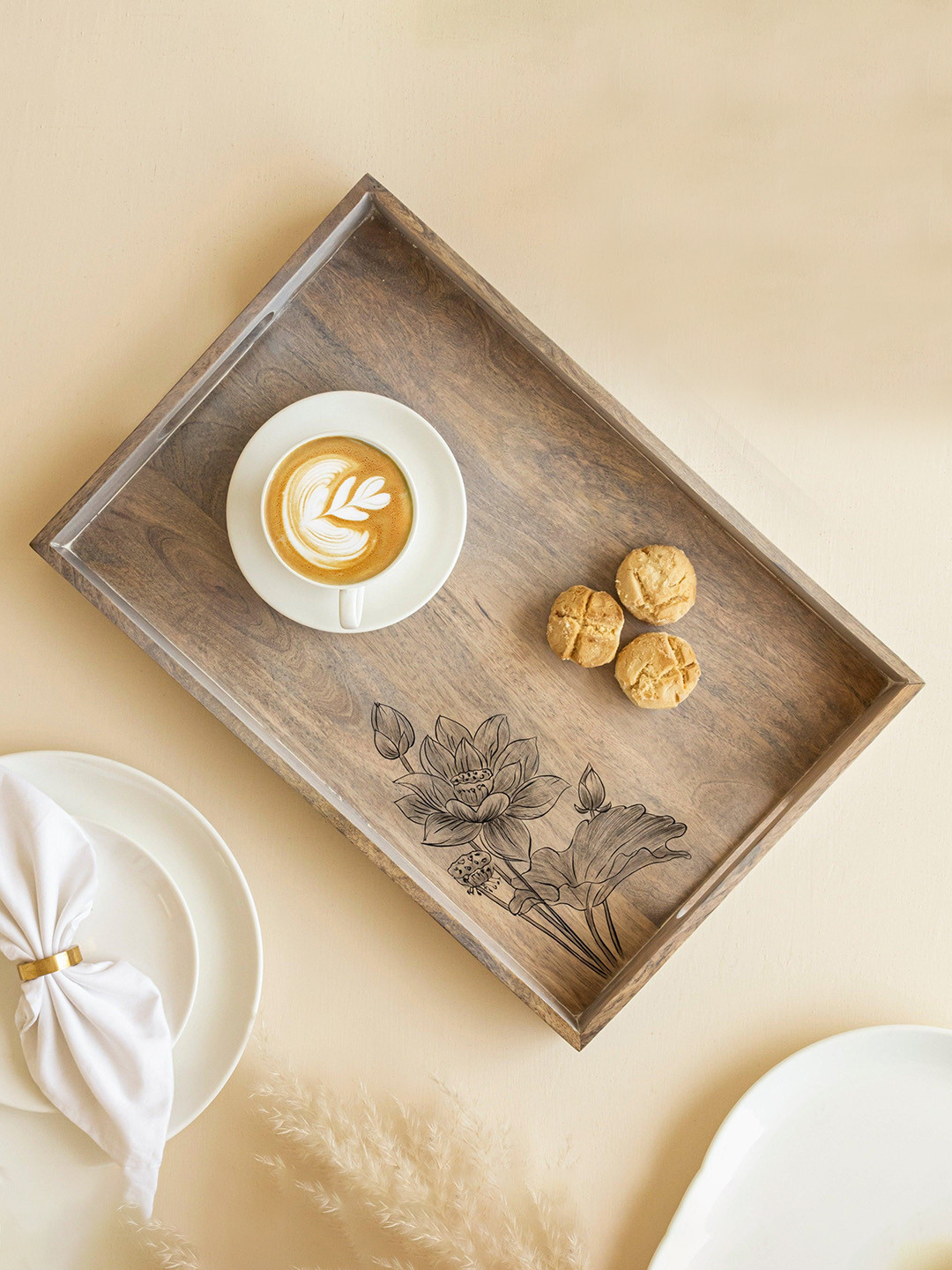 Aurum Crafts Beige Wood Hand-Painted Serving Tray