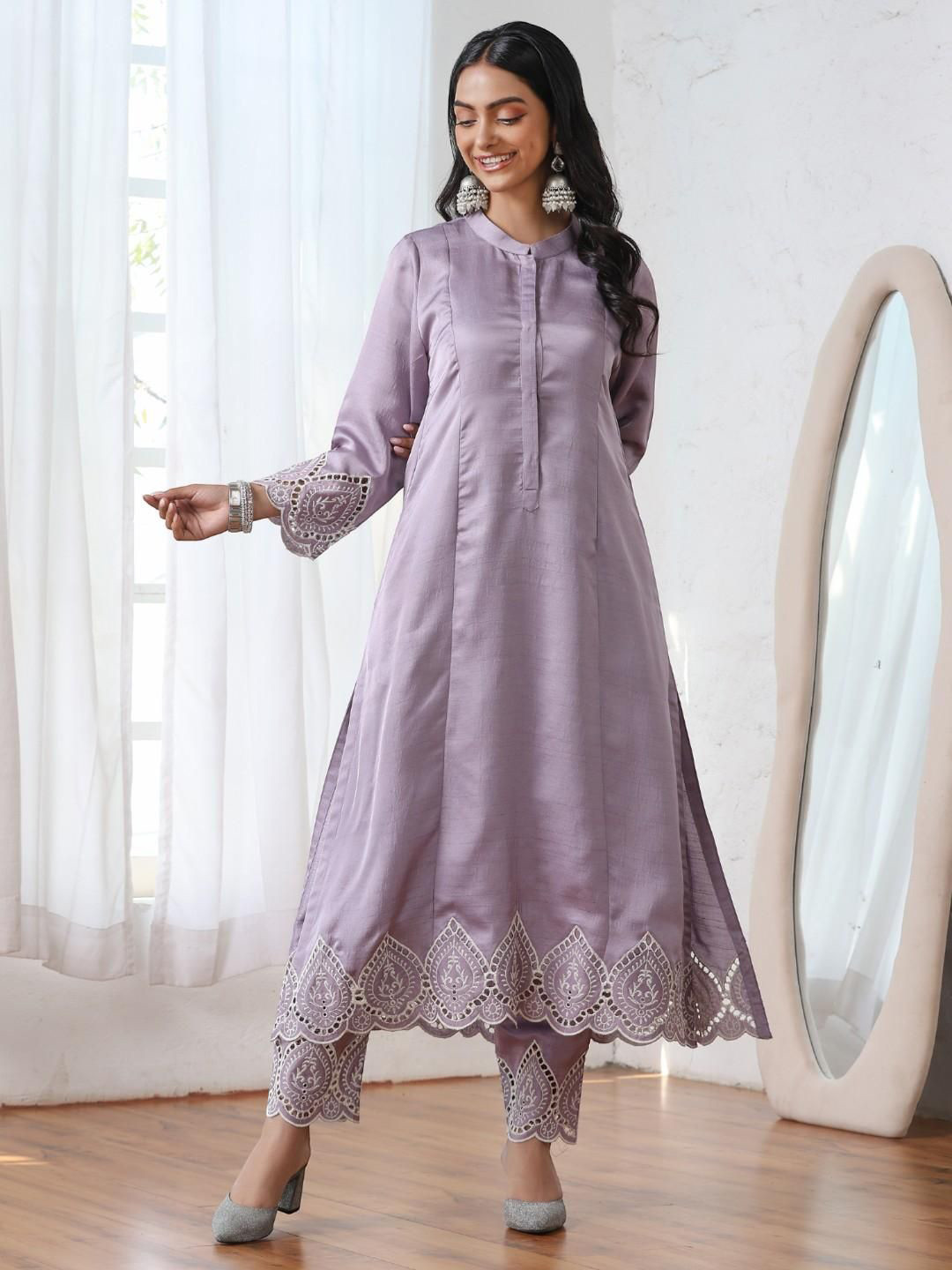 Swtantra Floral Shiffli Satin Thread Work A Line Kurta with Trousers