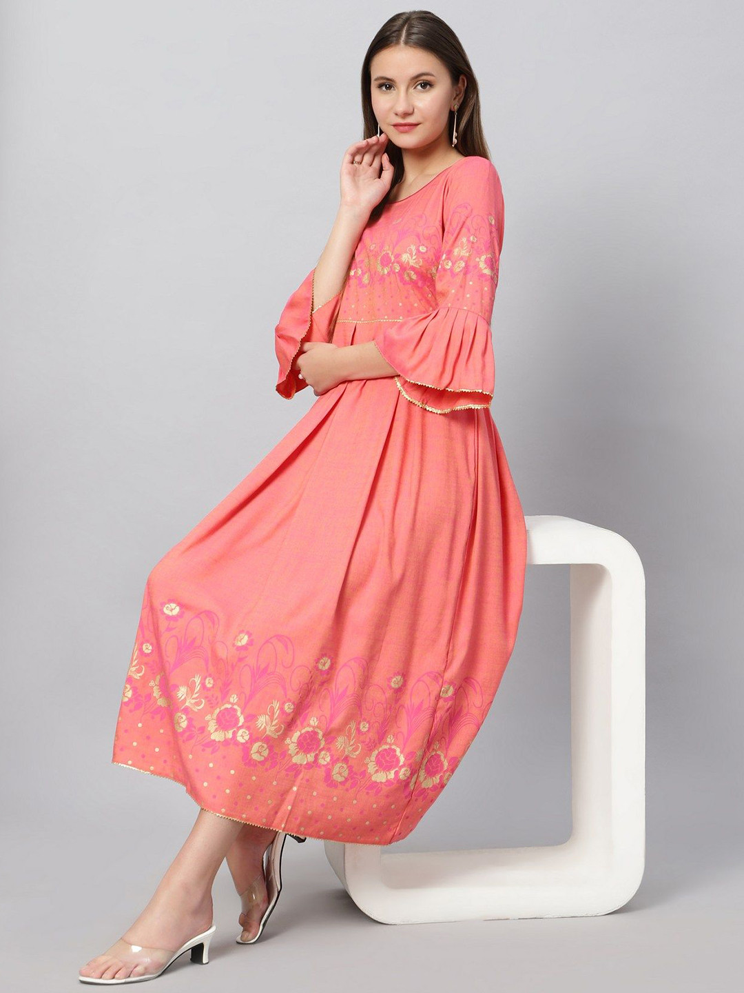 MORDEN MUSE Women Paisley Printed Bell Sleeves Summer Sheers Anarkali Kurta